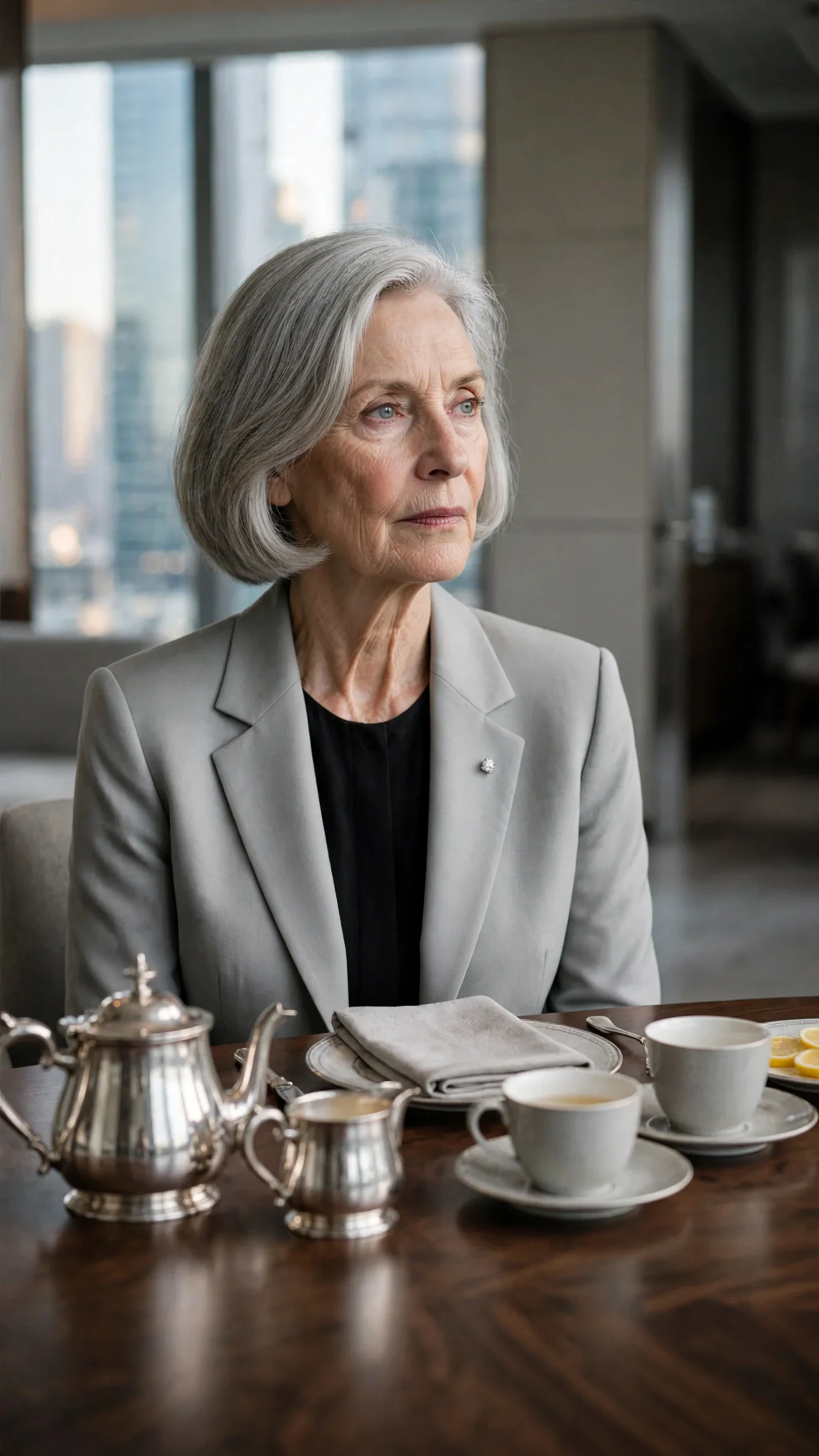 A silver-haired woman in a pearl-gray suit sits alone at a long table with a tea set, one cup already poured for someone else.