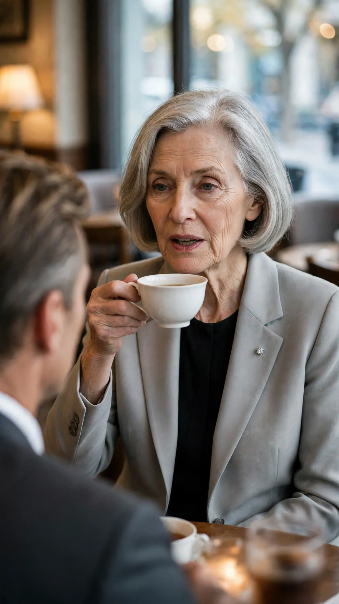 The silver-haired woman lifts her teacup, speaking evenly across the table.