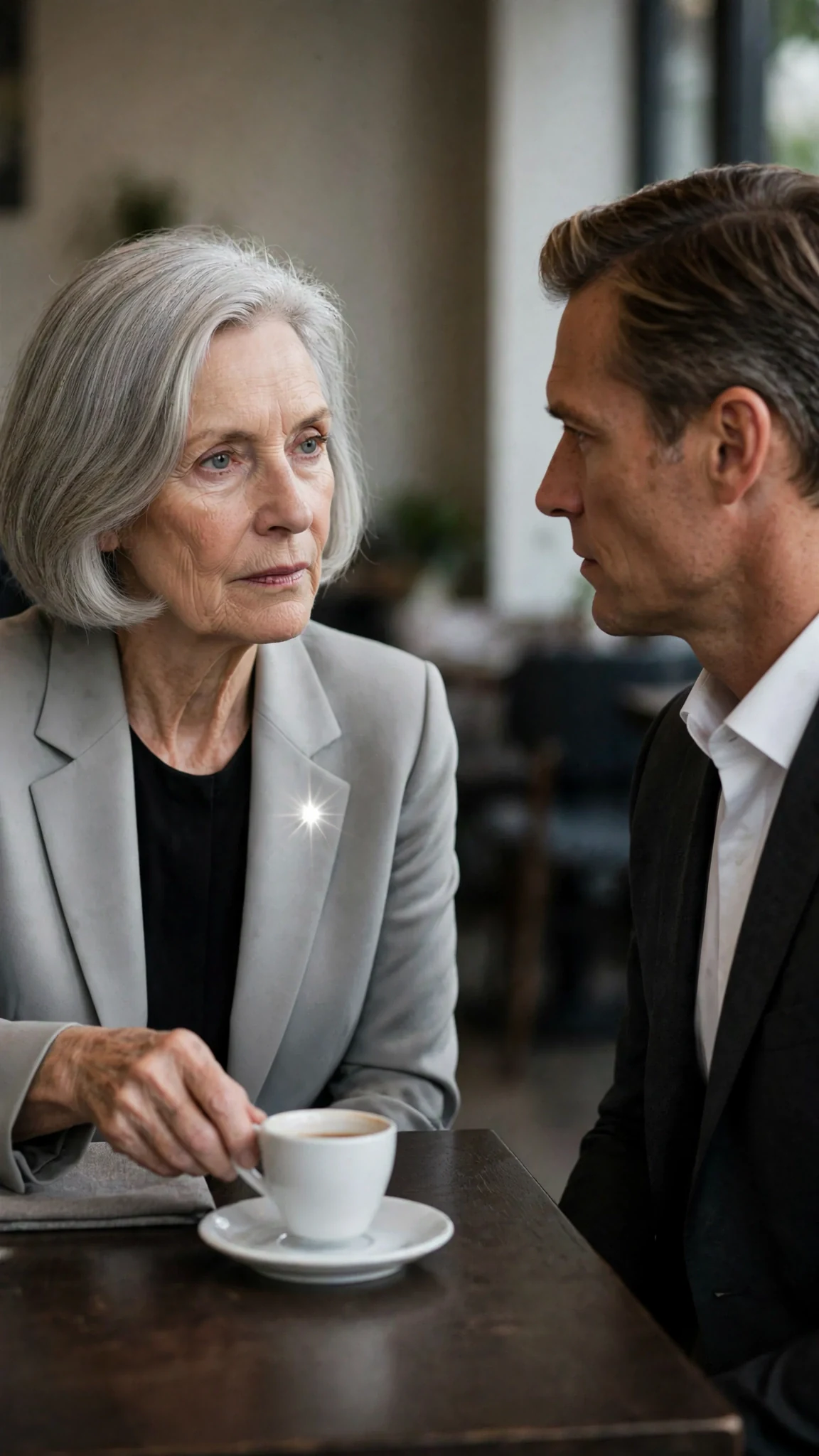 The woman sets her cup down and leans slightly forward, eyes on her son.