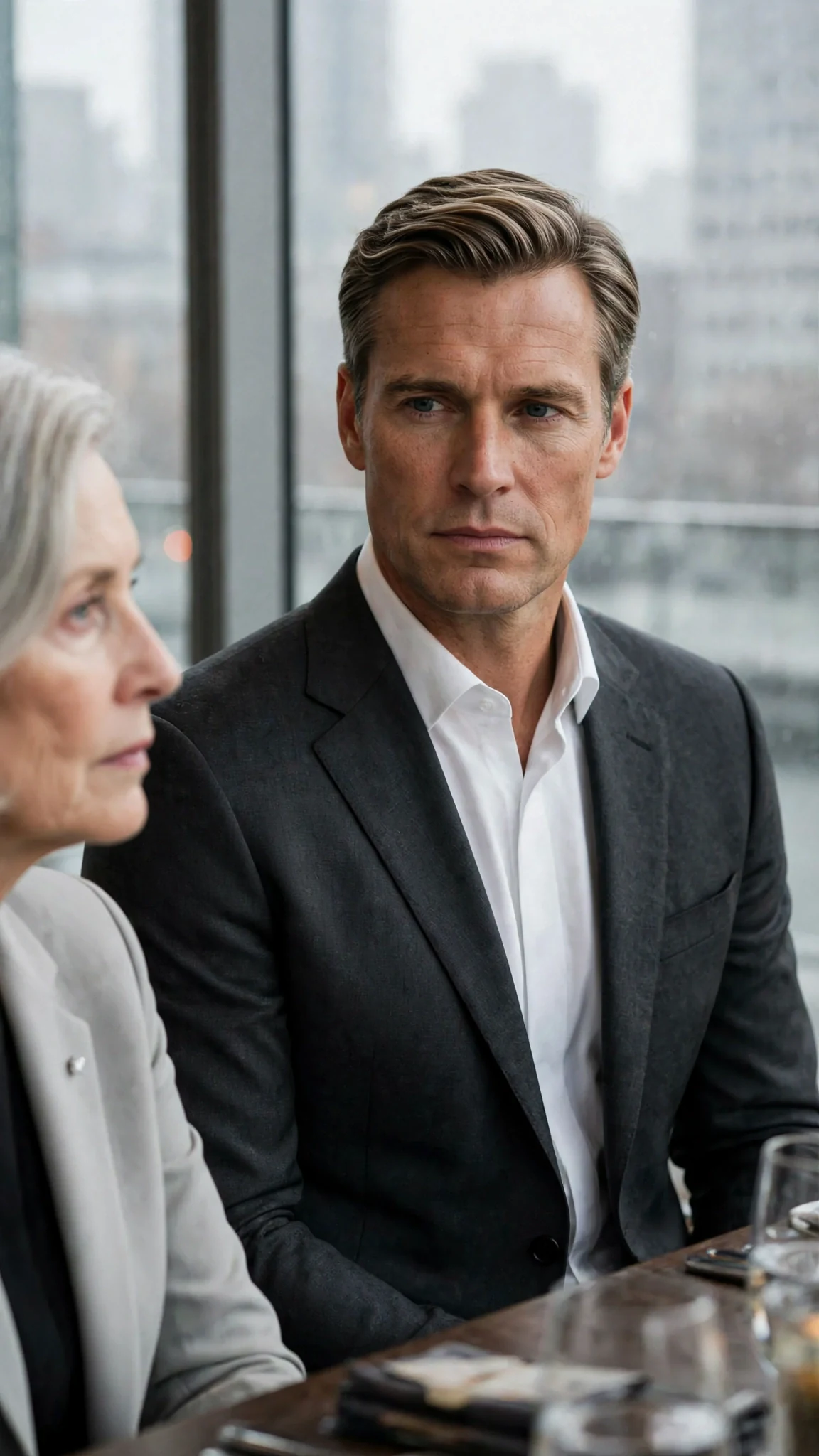 The tall man answers flatly, chin lifted, while his mother watches him without blinking.