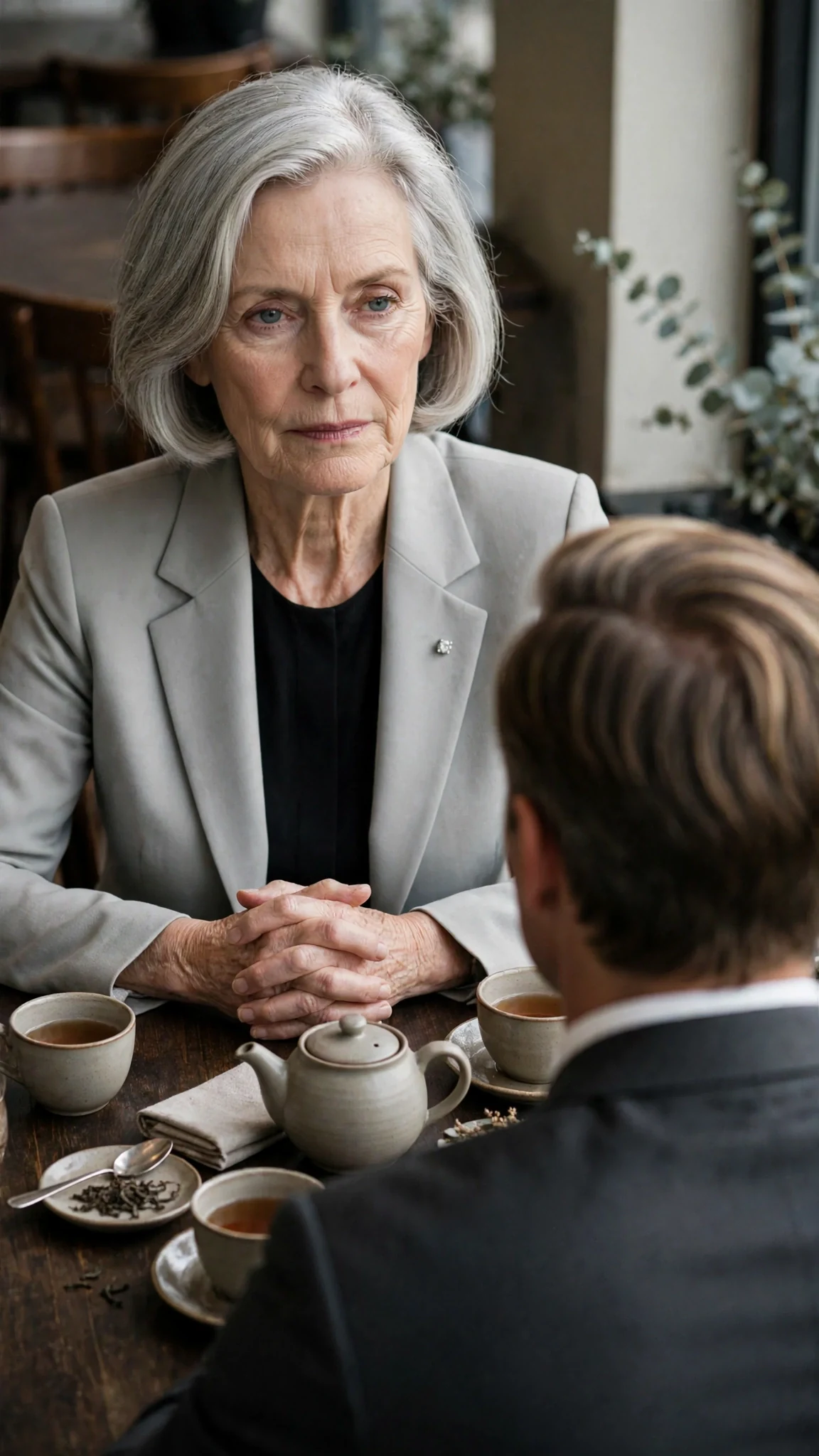 The woman folds her hands on the table, speaking with quiet contempt.