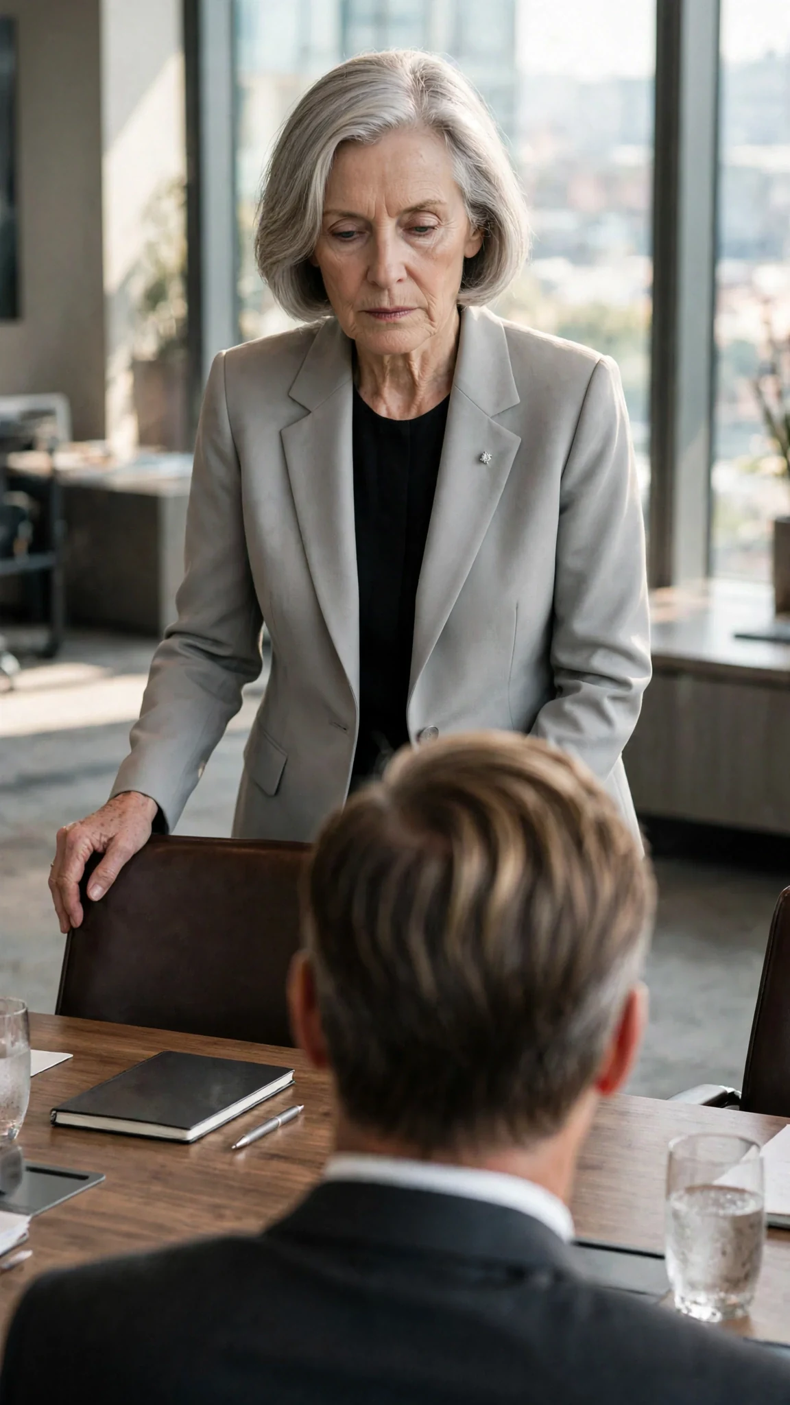 The woman stands at the table, one hand resting on the back of her chair, delivering her threat.