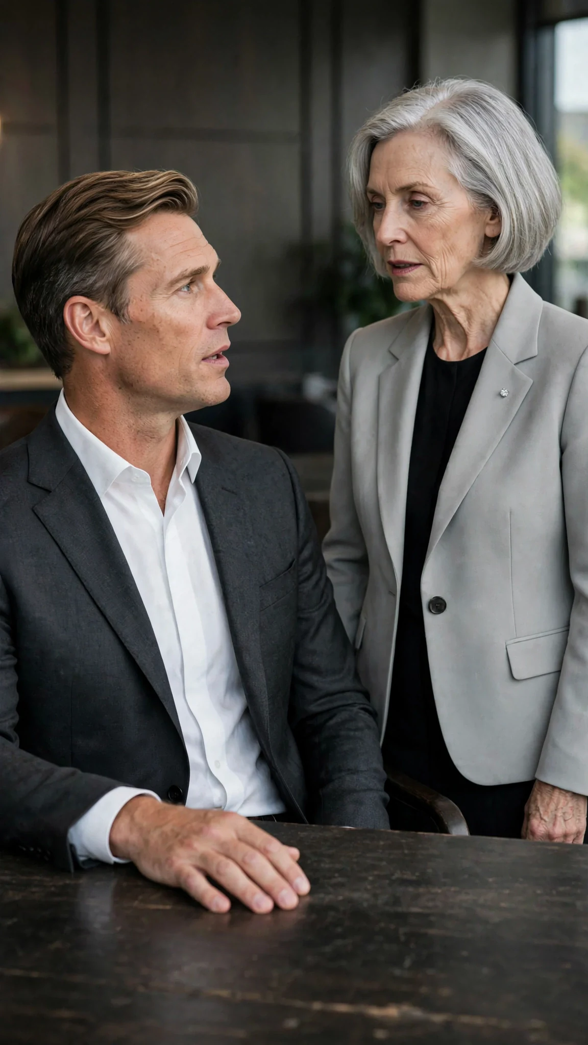 The man leans back in his chair and asks the question, and his mother answers without heat.