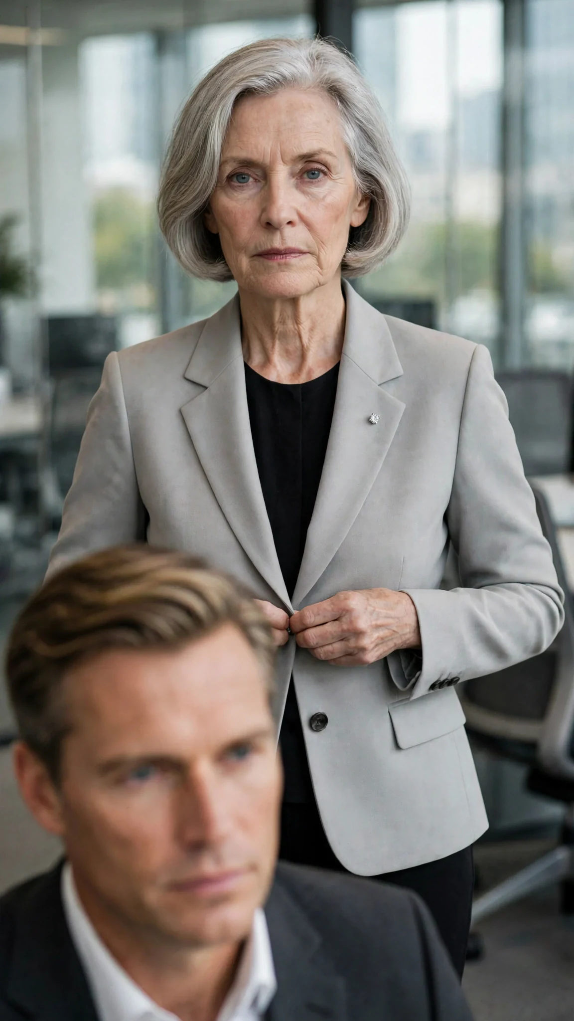 The woman buttons her jacket, speaking about her own marriage as if it were a contract.