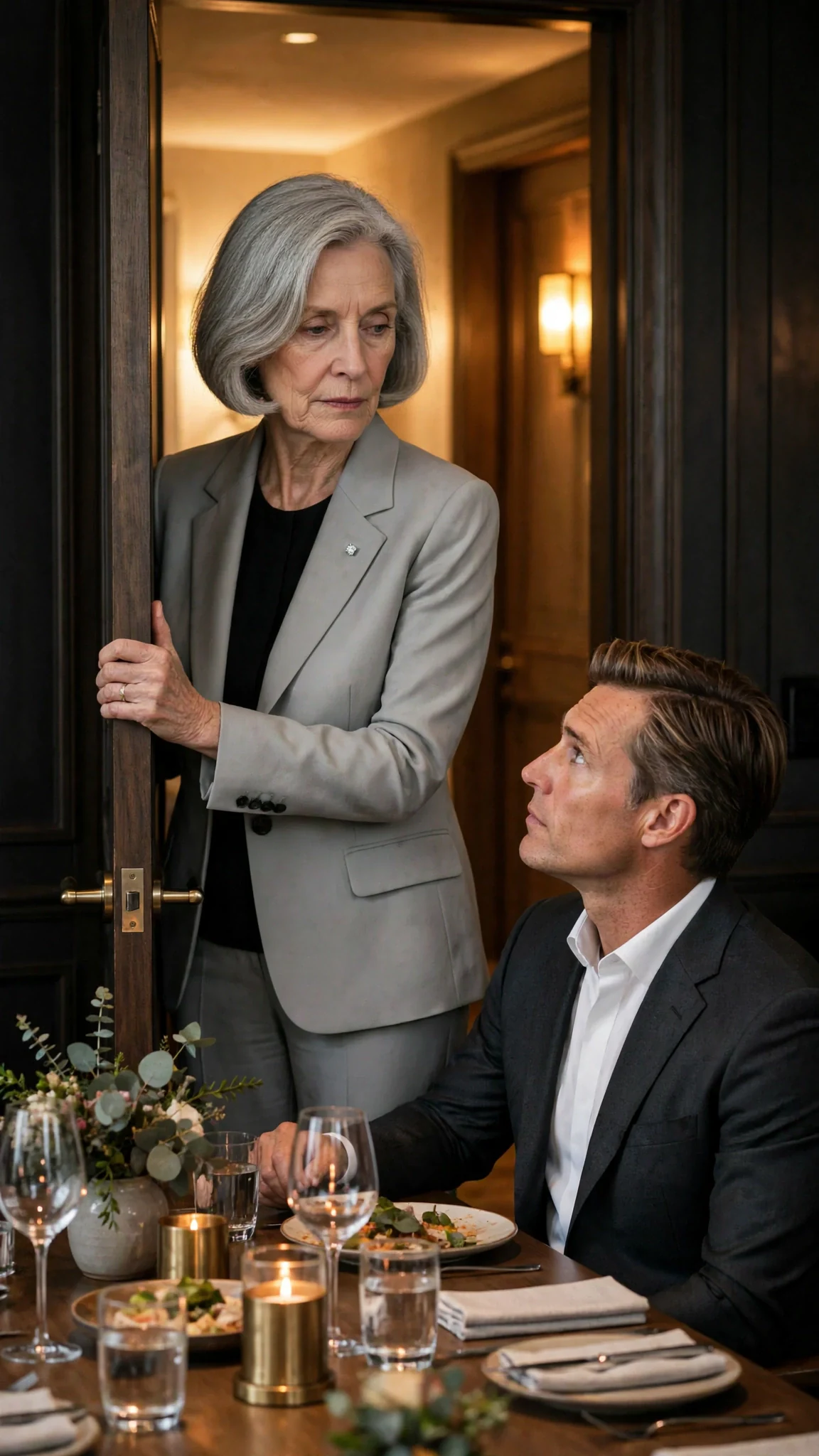 The woman pauses at the door of the private dining room, looking back over her shoulder.