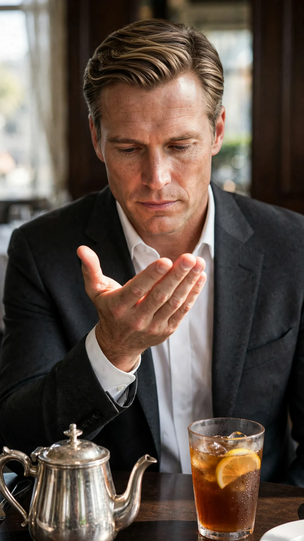Alone at the long table, the man holds one hand up in front of his face and studies it.