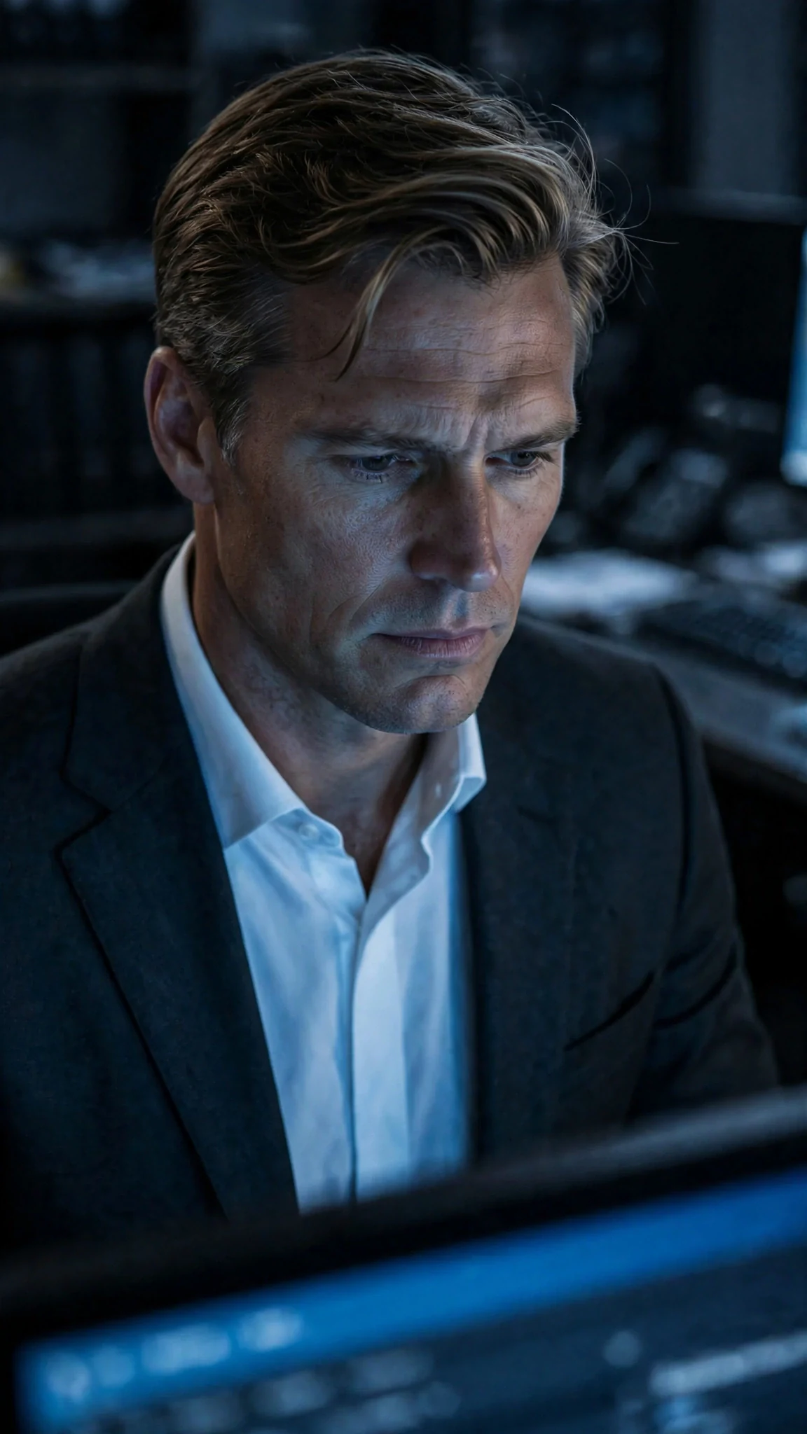 Close on the man's face lit blue by the screen, his expression unreadable.