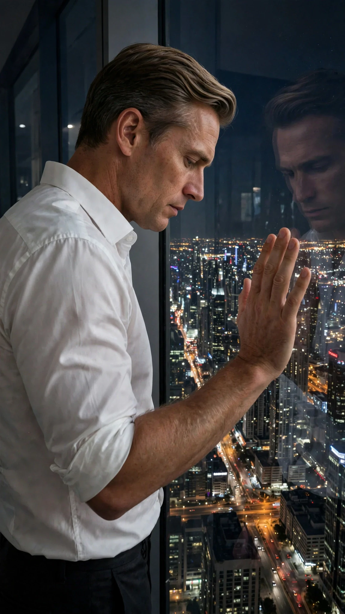 The man stands at the penthouse window, one hand flat on the glass, looking down at the city.