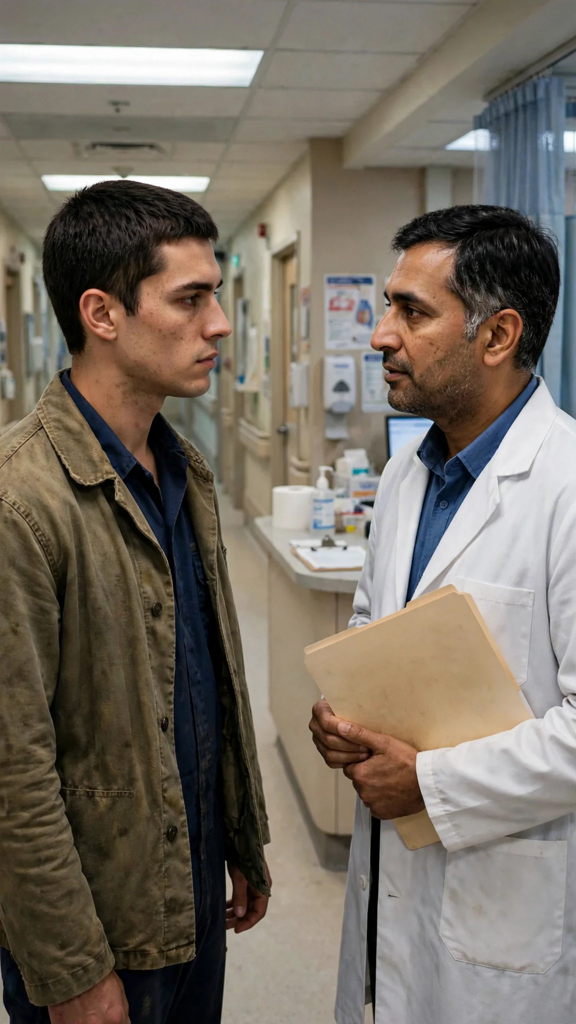 A tired young man in a work jacket walks into a hospital corridor at dawn, where a doctor waits with a folder.