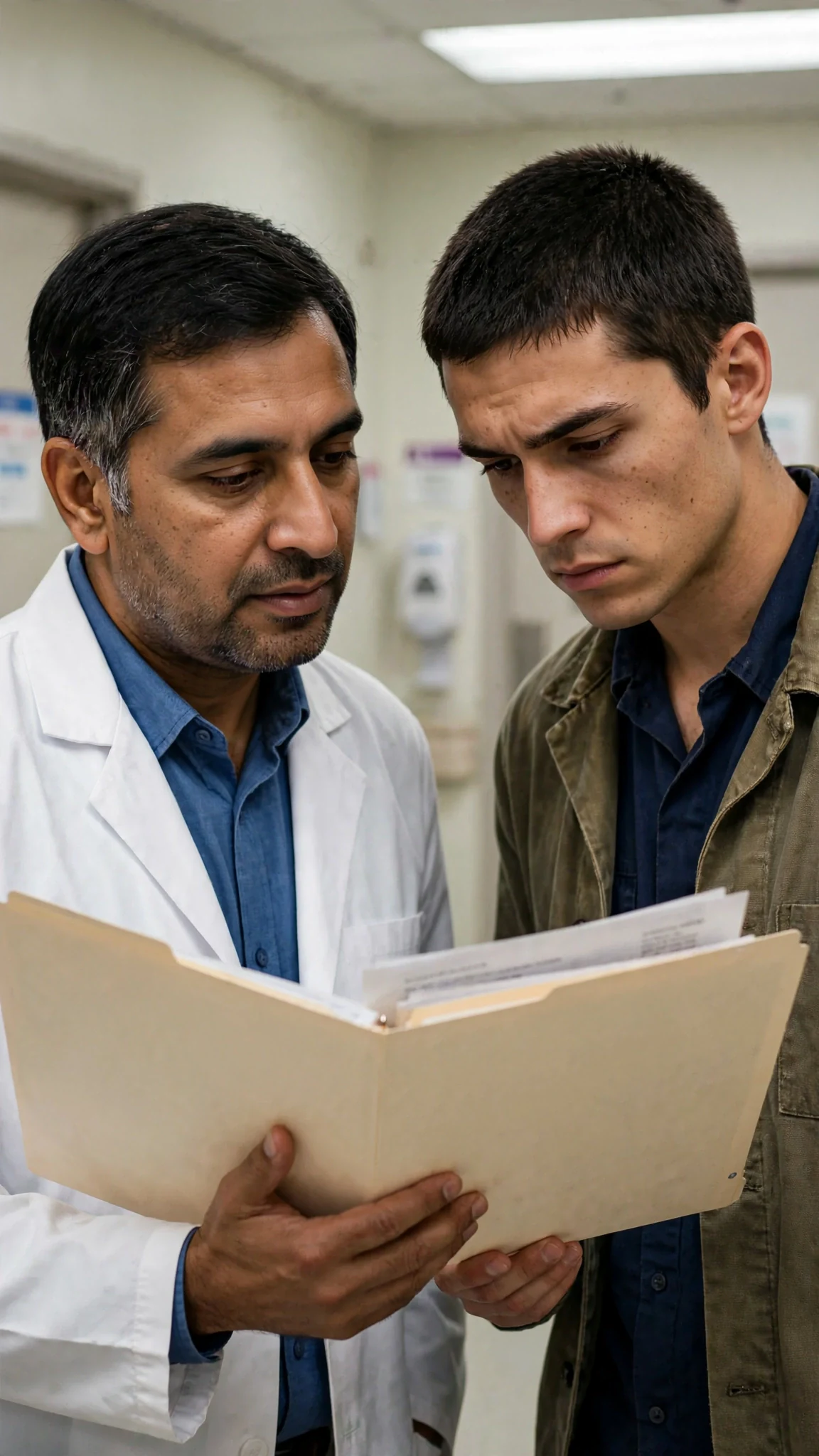 A doctor holds an open folder of paperwork while a tired young man reads it in a hospital hallway.