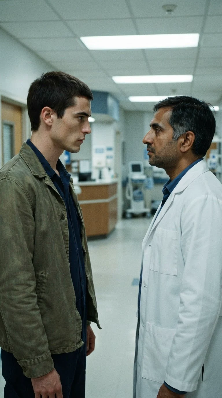 A young man in a work jacket stares hard at a doctor in a hospital corridor.