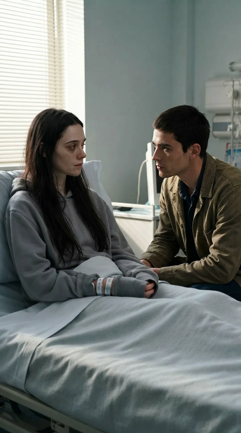 A pale young woman in a hospital bed looks up at her brother, who sits at her bedside.