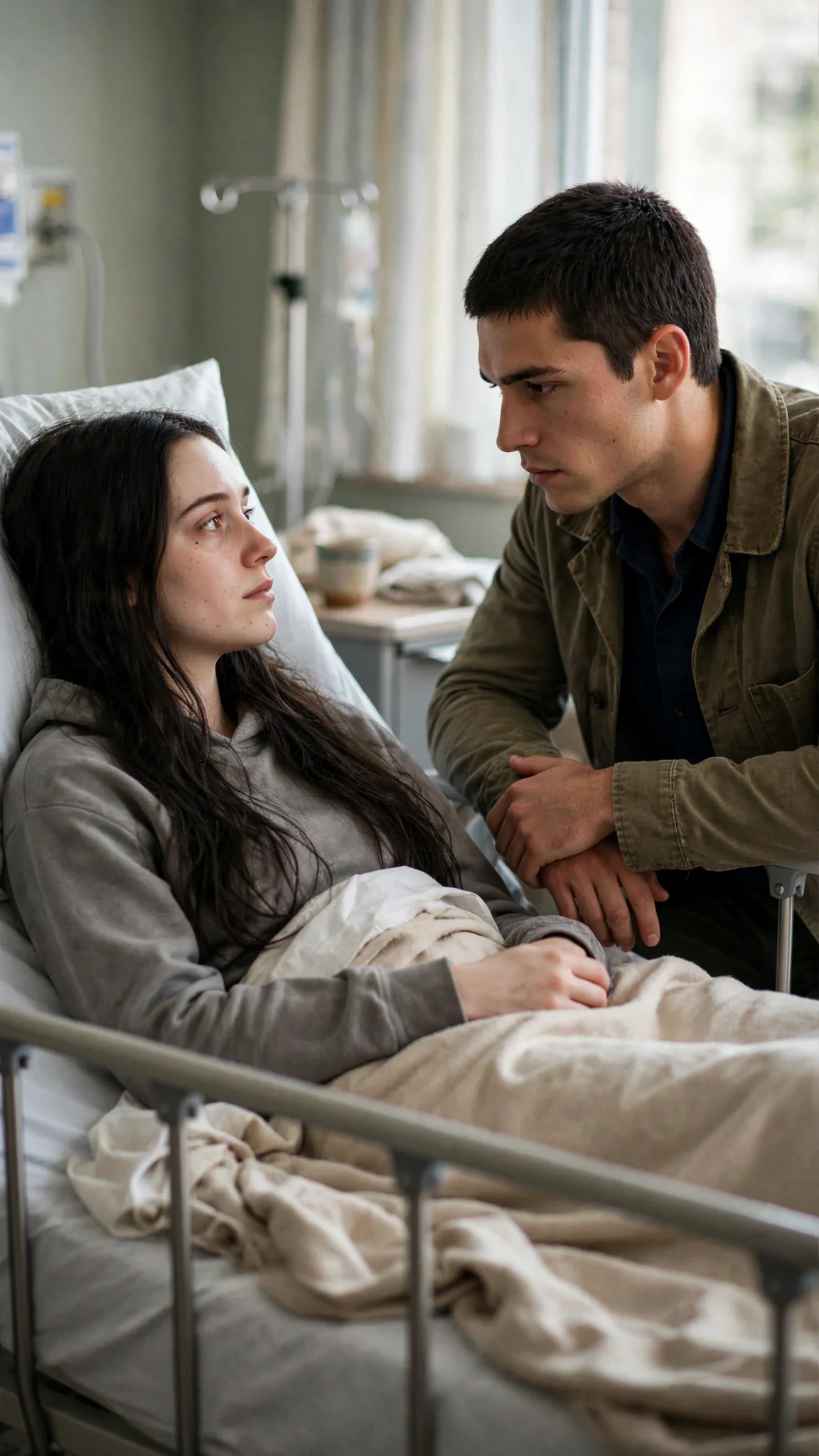 A young woman in a hospital bed asks a serious question while her brother sits beside her.