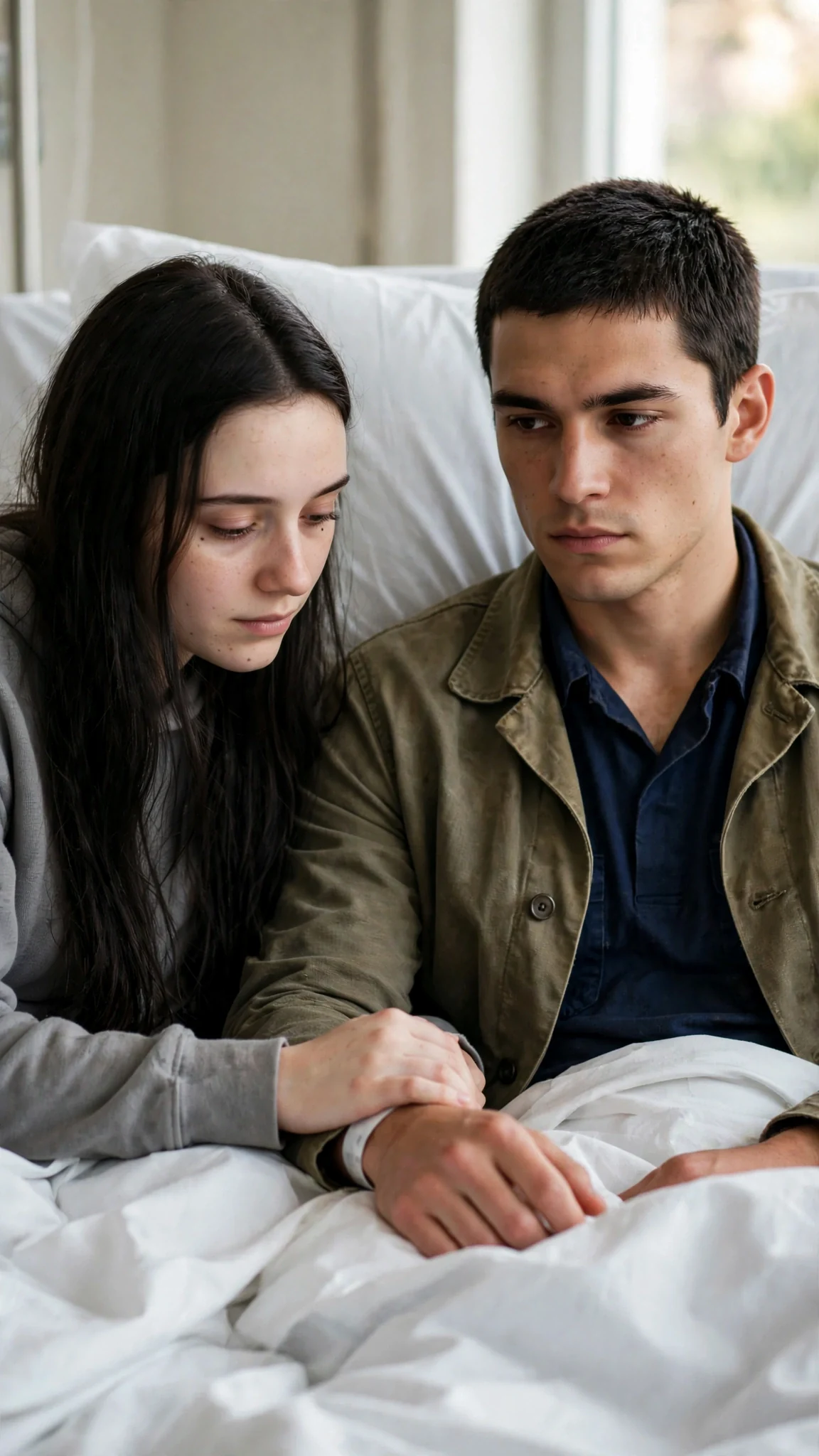 A young woman reaches for her brother's hand in a hospital room, her face worried.