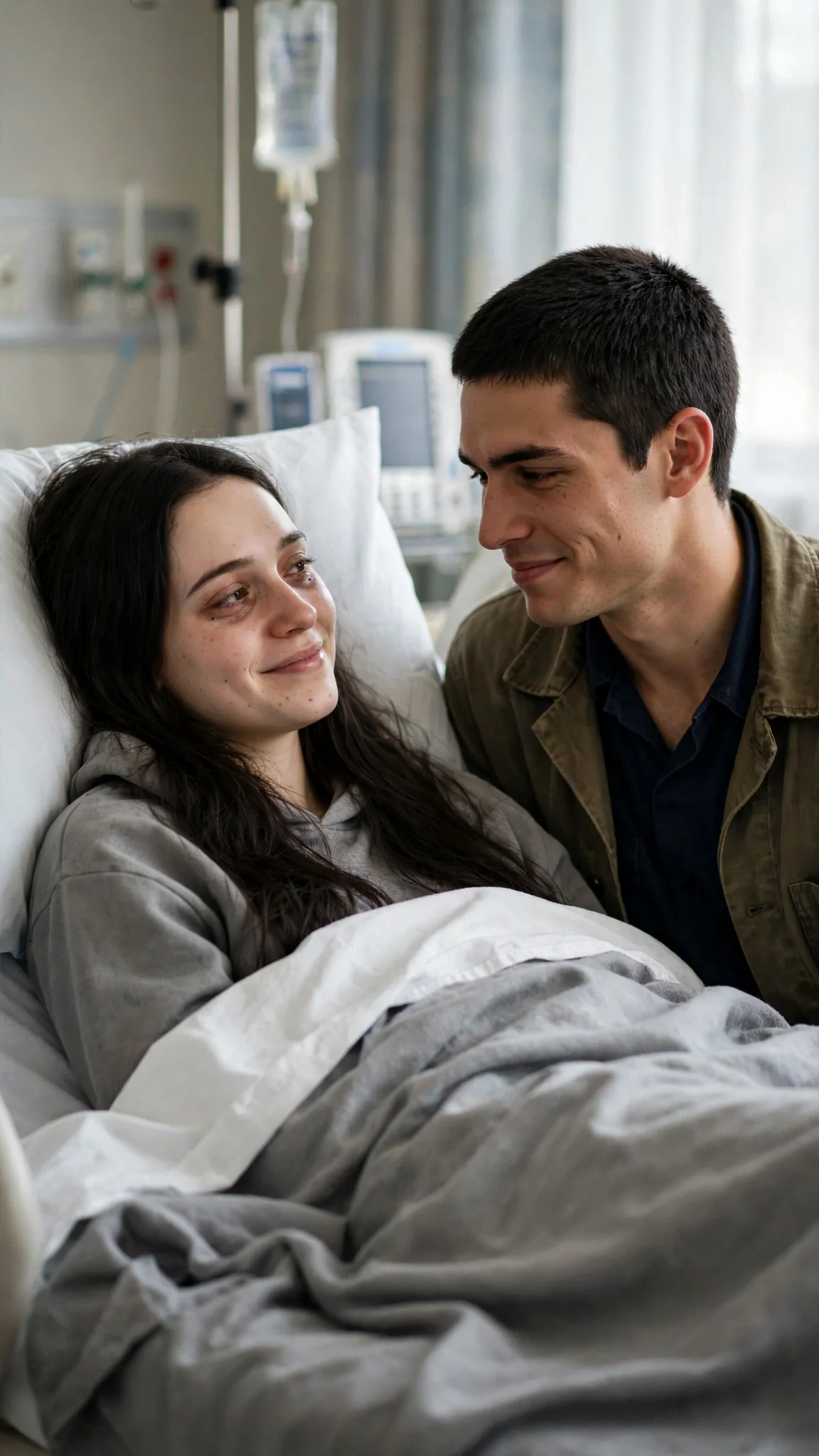 A pale teenage patient smiles weakly at her brother in a hospital bed.