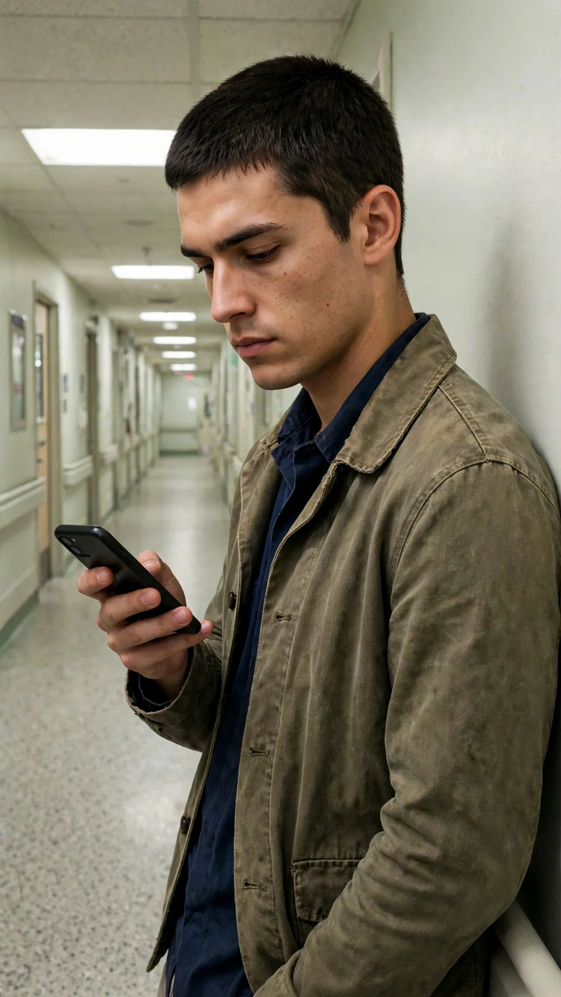 A young man in a work jacket stands alone in a hospital hallway, staring at his phone.