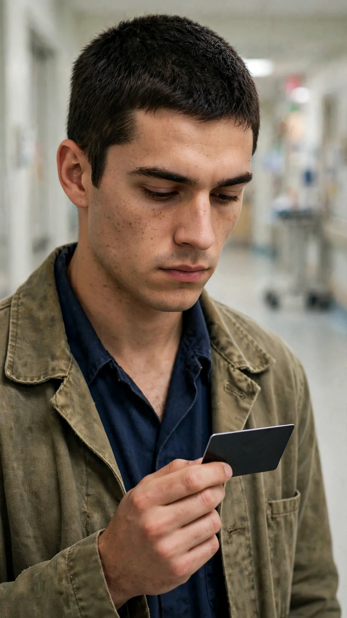 A young man holds a plain black key card in the fluorescent light of a hospital hallway.