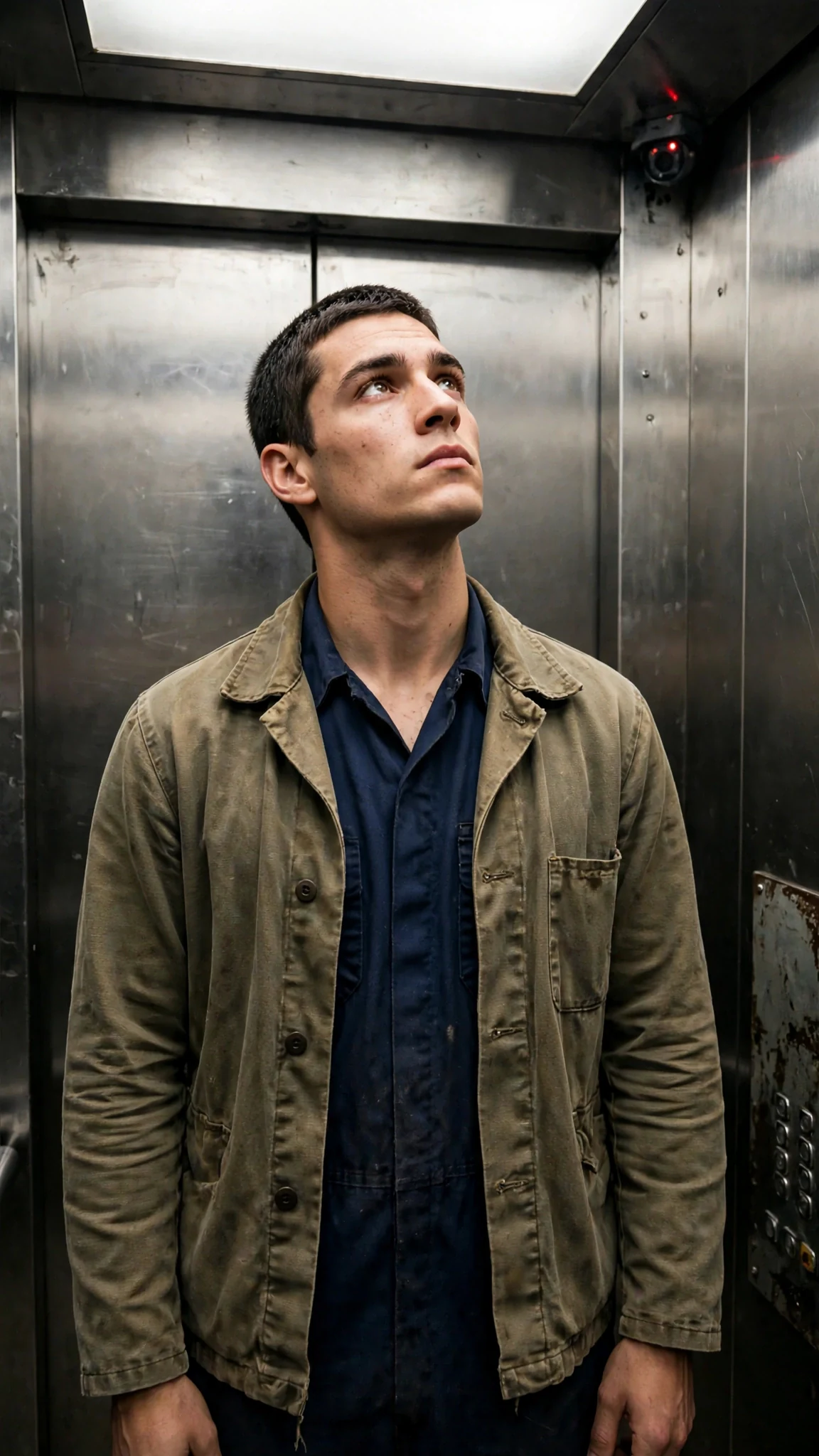 A young man in a work jacket stands in a steel service elevator, looking up at a blinking camera.