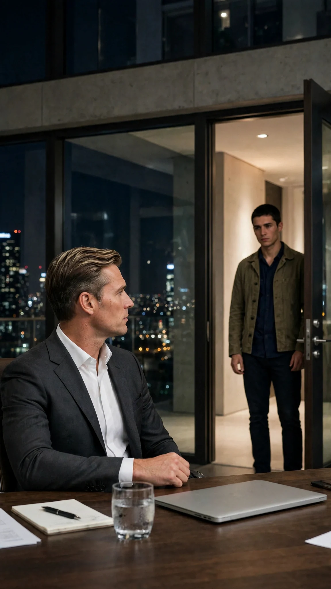 A tall man in a dark suit sits at a desk in a glass penthouse while a worker stands in the open doorway.