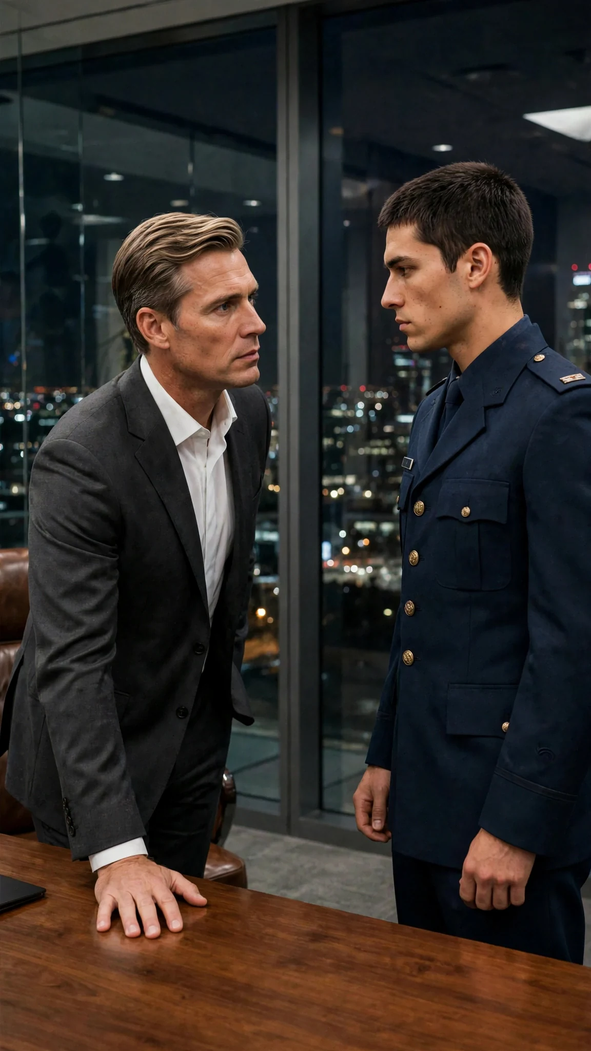 A tall CEO stands up behind his desk as a worker faces him across the room.