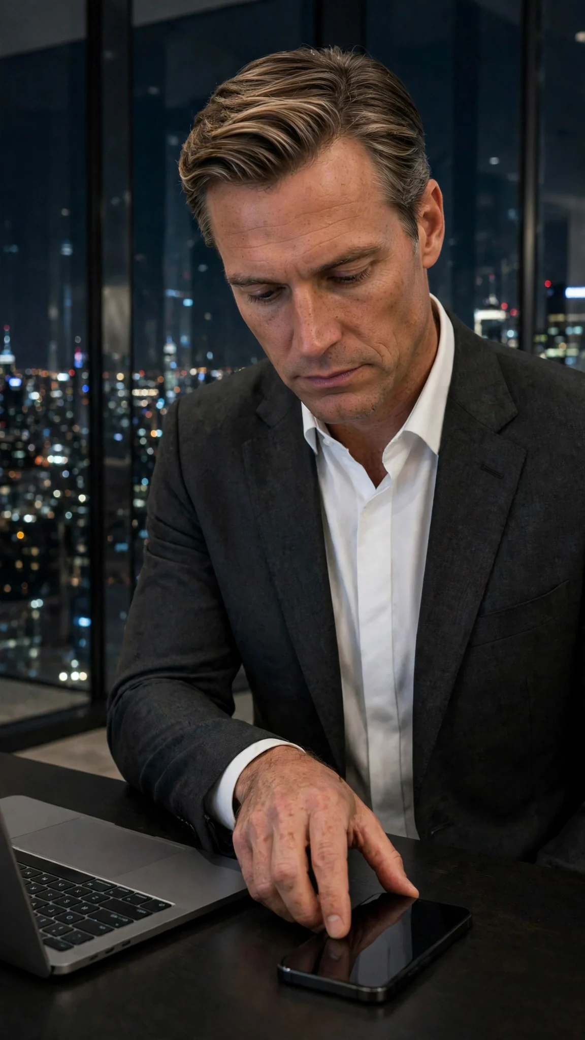 A man in a dark suit turns his phone face down on a desk, his expression tight.