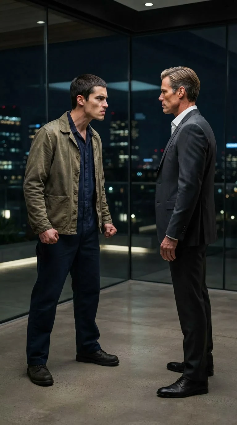 A young man clenches his fists at his sides, holding himself back from a man in a suit.