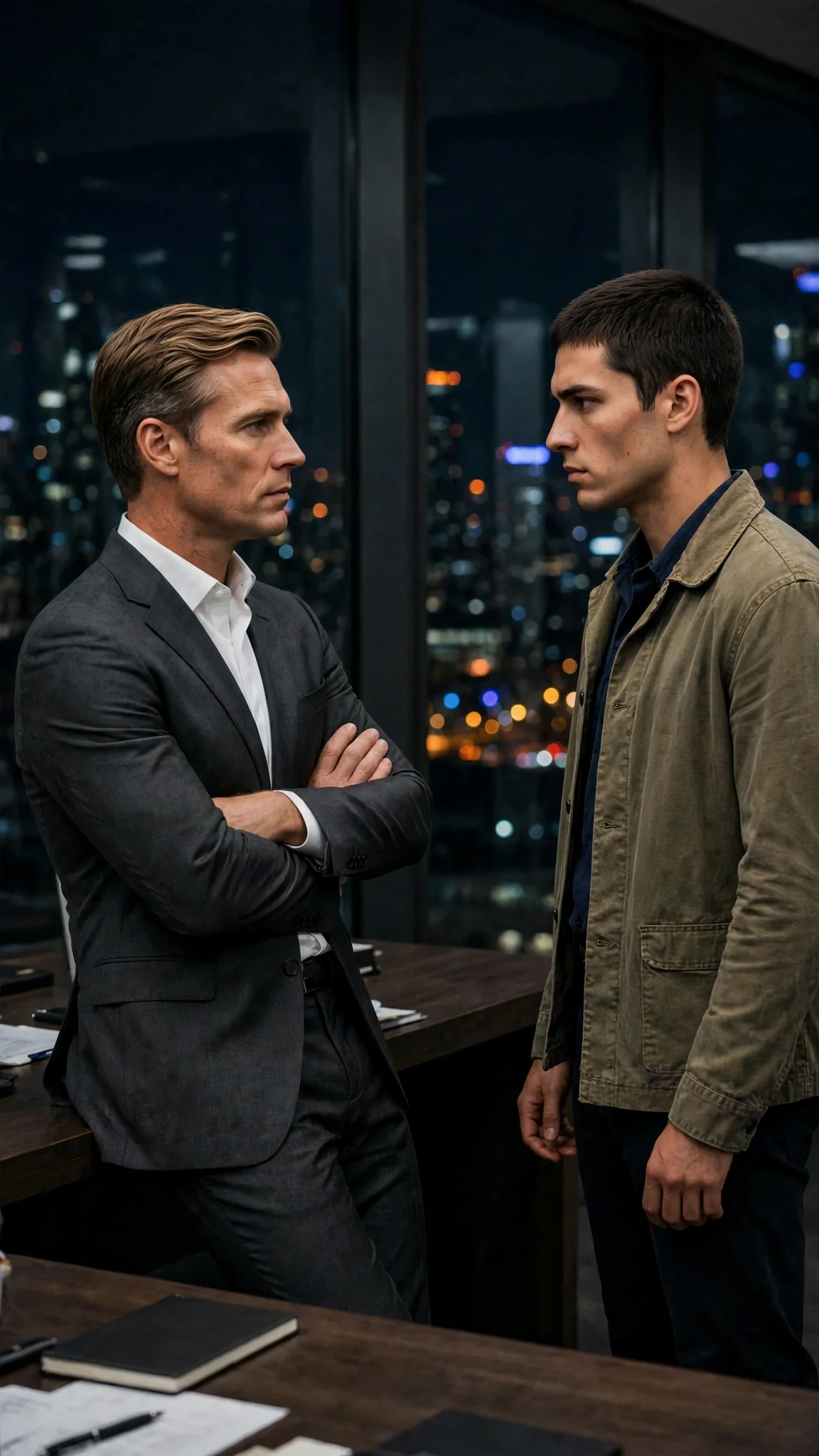 A CEO leans against the edge of his desk, speaking quietly to a worker who stands rigid across from him.