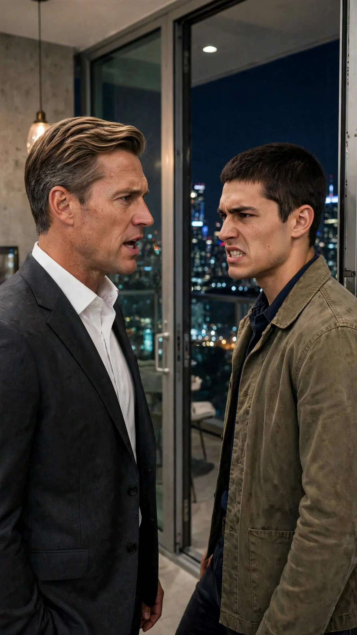 A tall man in a suit speaks plainly while a young worker stands near the door, deciding whether to stay.