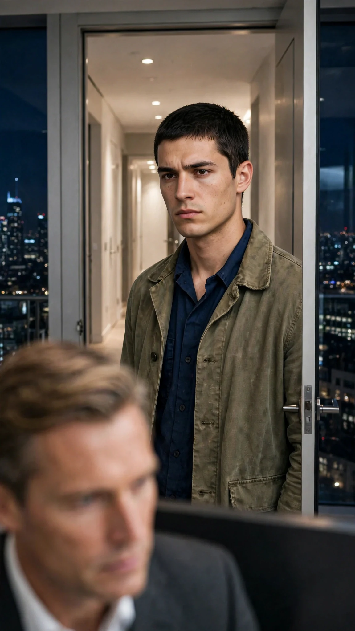 A young man stands motionless in a penthouse doorway, the exit behind him, not walking out.