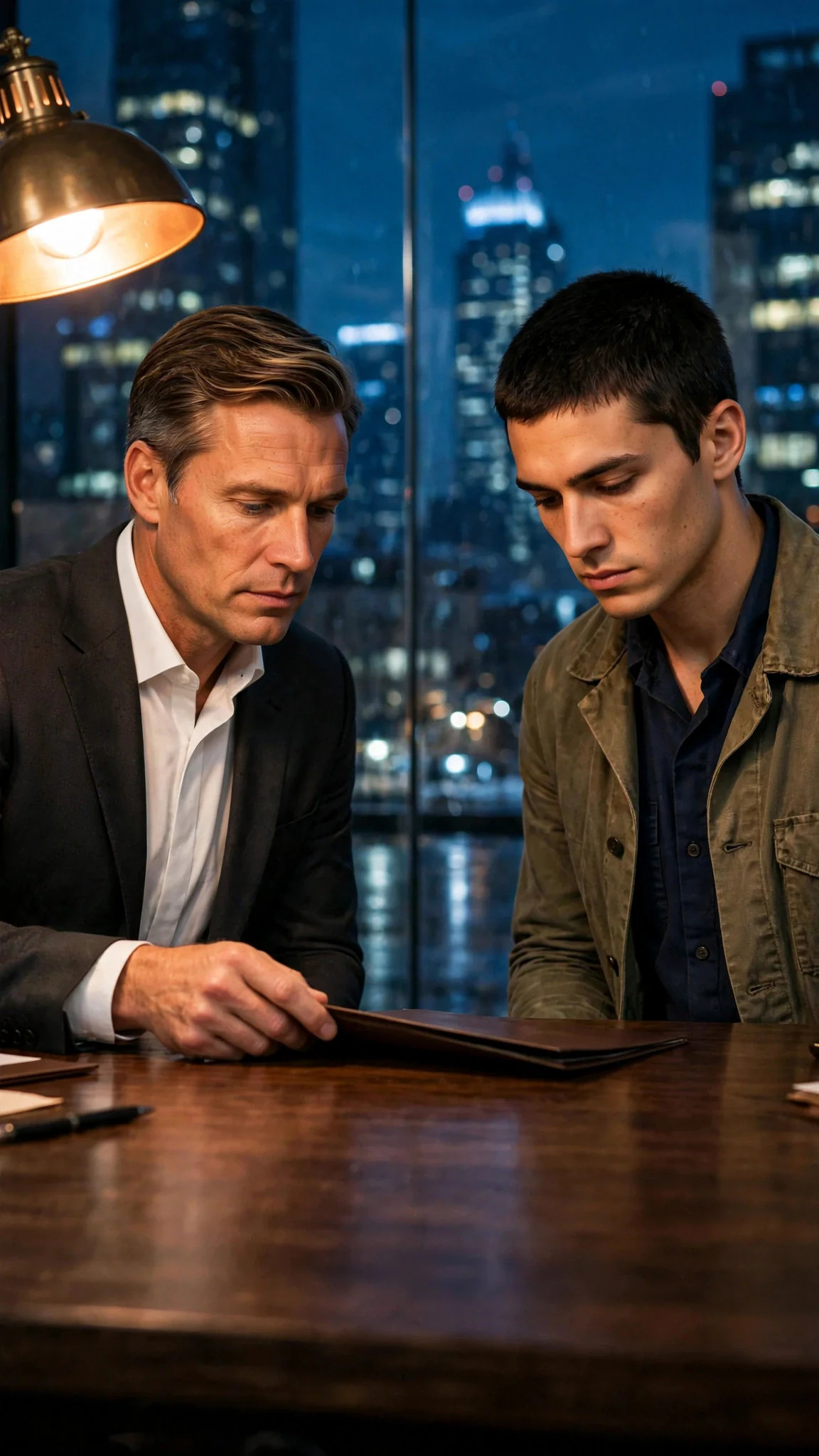 A tall CEO places a thin folder on the desk between himself and a young worker.