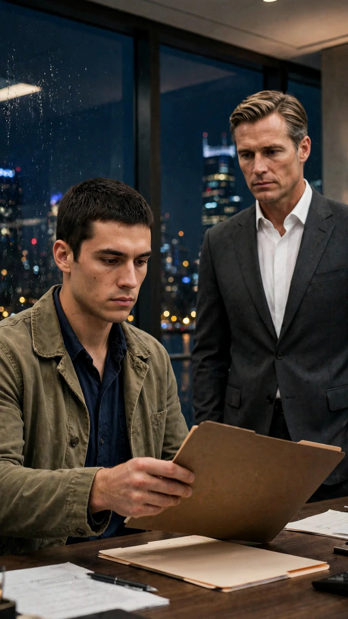 A young worker takes a folder from a desk while the CEO watches him, both standing in a glass penthouse.