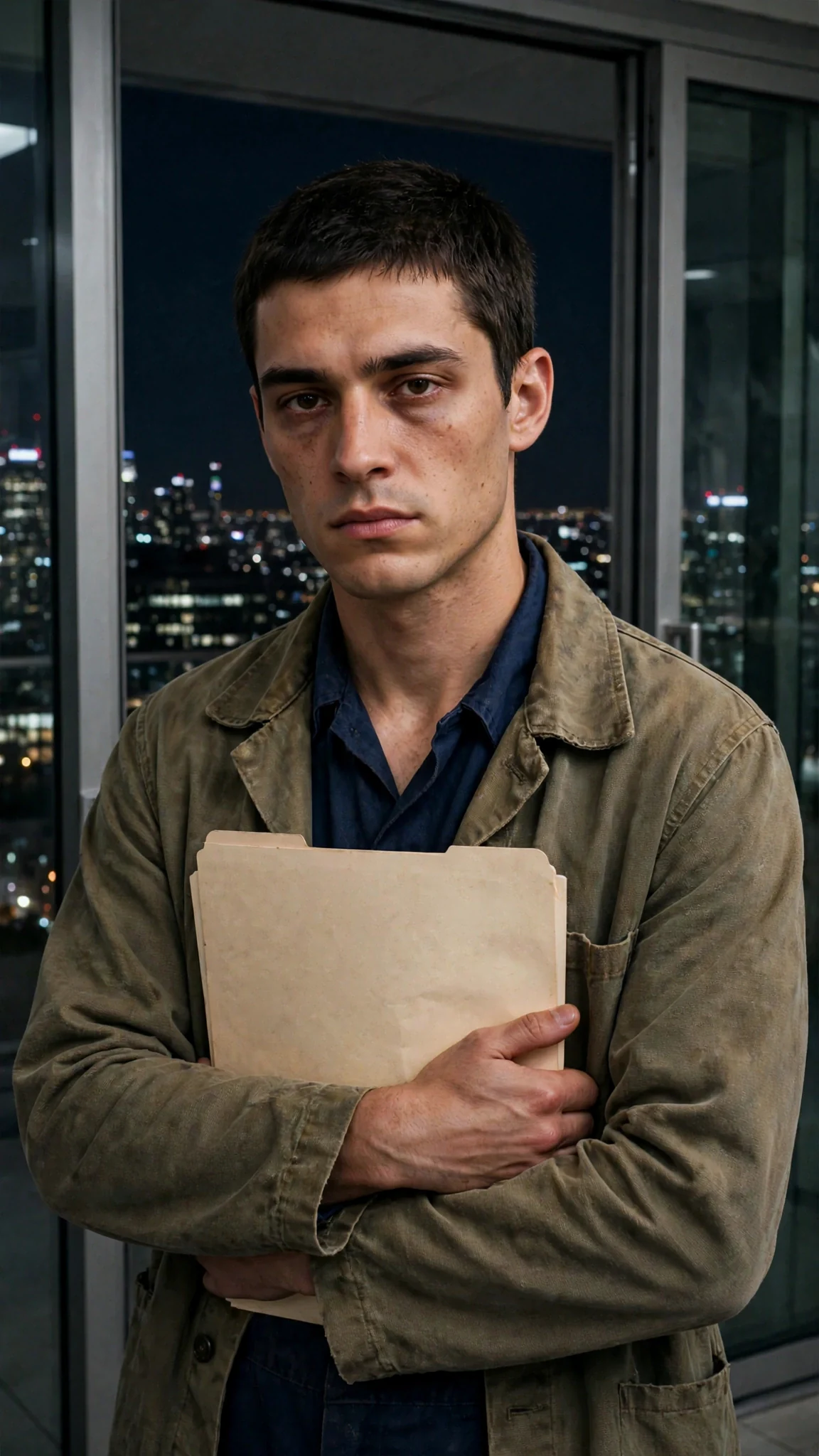 Caleb stands in the penthouse doorway, exhausted, holding a folder against his chest.