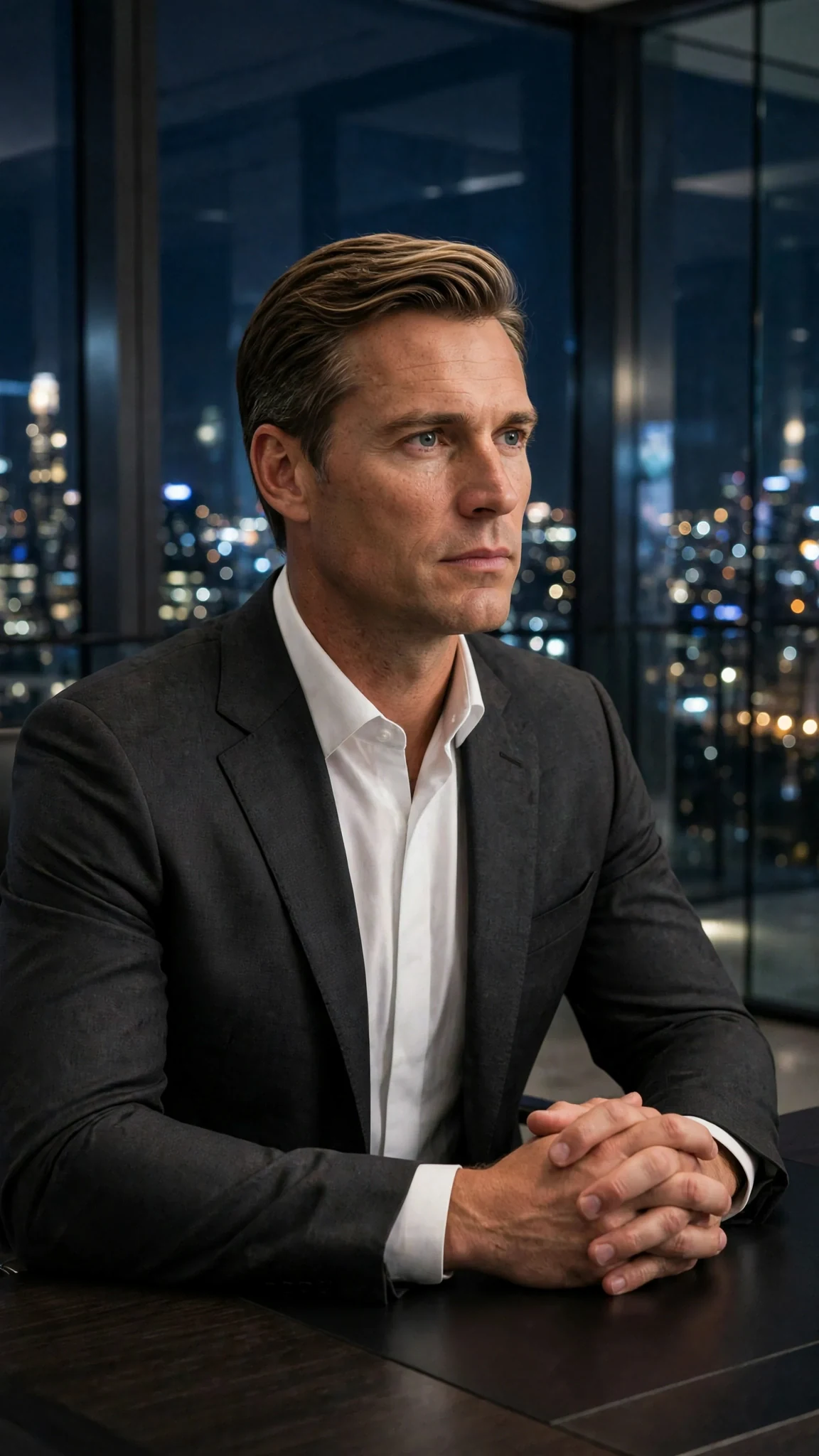 Lucien sits behind his desk in the penthouse, charcoal suit, watching Caleb approach.