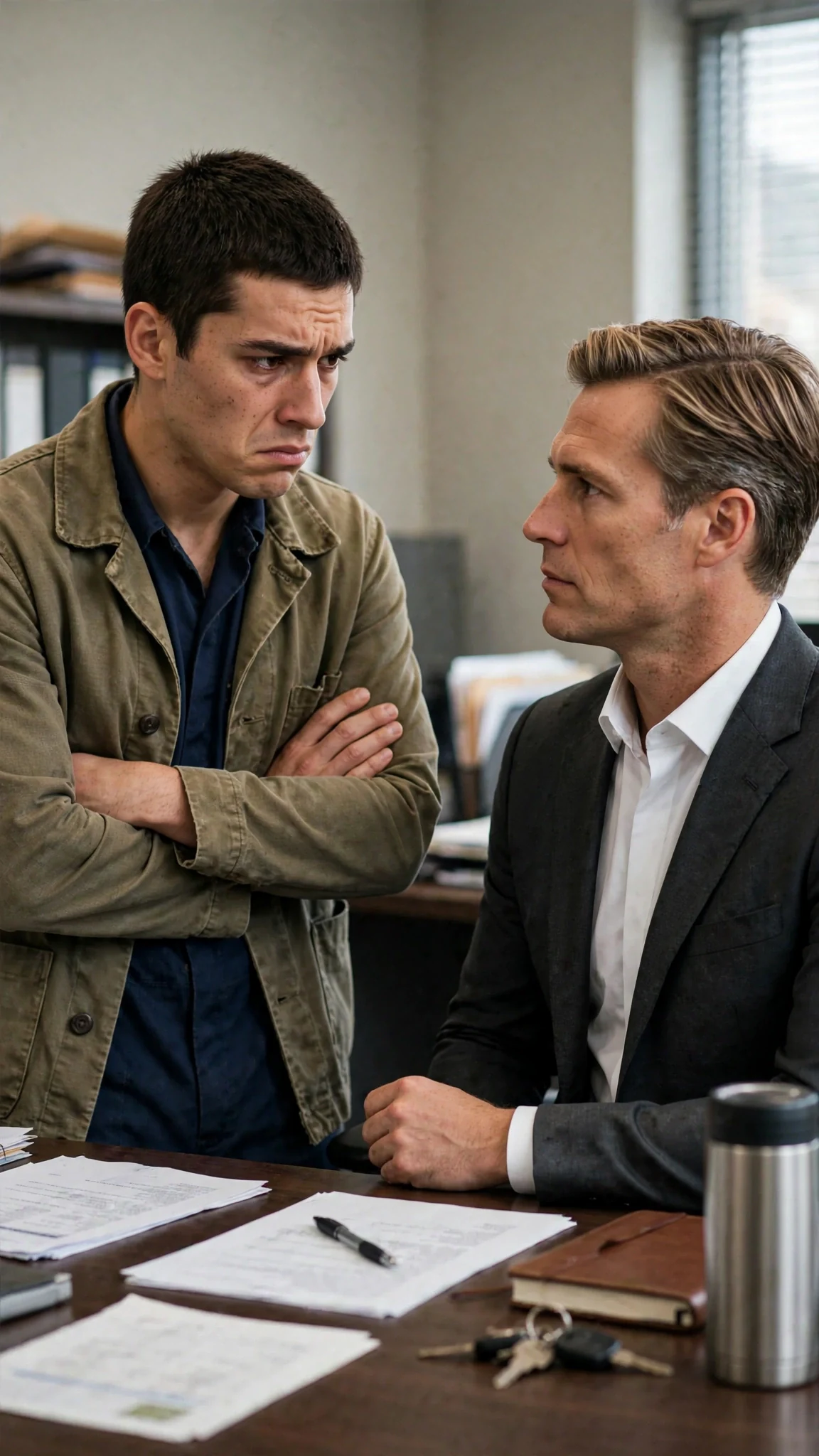 Caleb stands across the desk from Lucien, arms crossed, face hard.