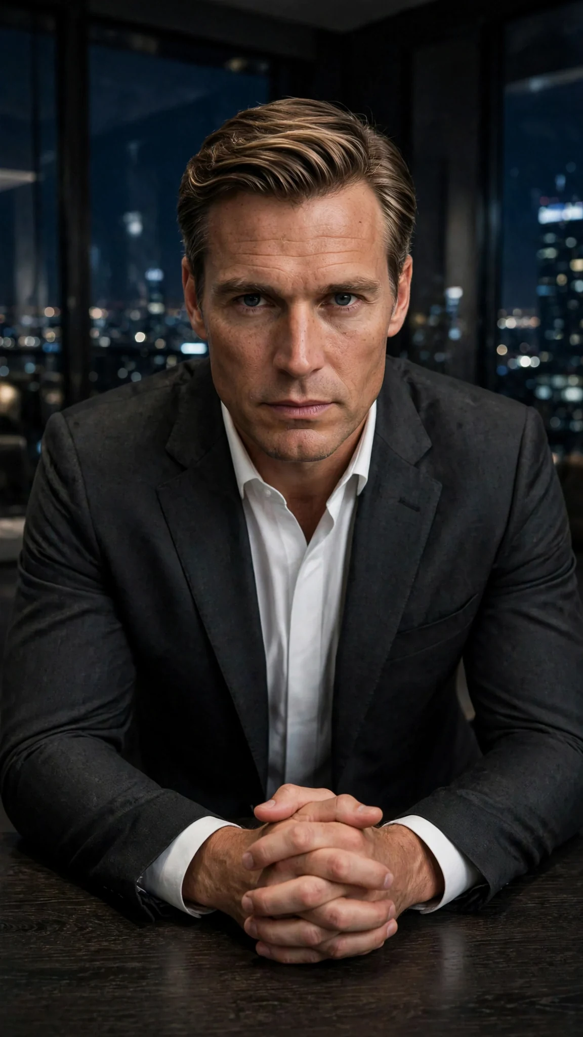 Lucien leans forward, elbows on the desk, eyes locked on Caleb.