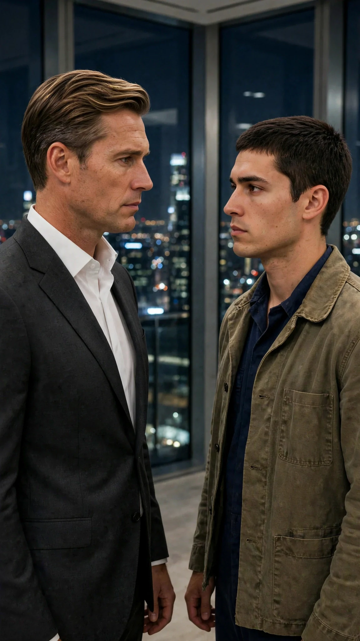 Lucien stands now, walks around the desk toward Caleb, close but not touching.