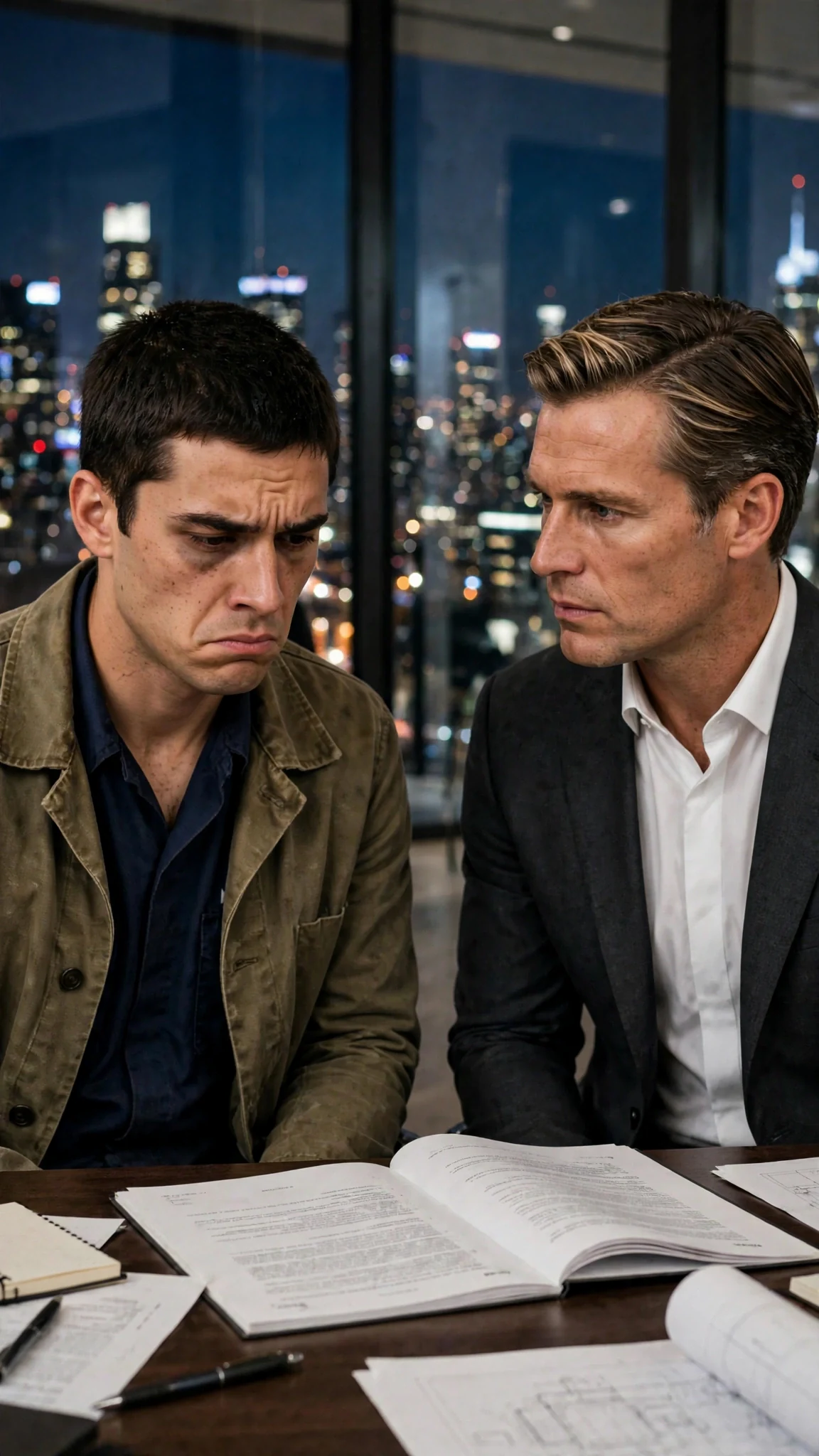 Caleb's eyes drop to the contract on the desk, then back to Lucien.