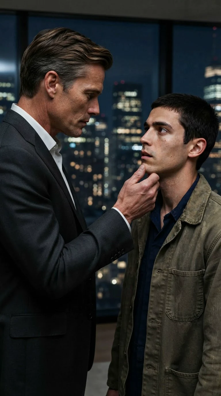 Lucien reaches out, fingers brushing Caleb's jaw, making him look up.