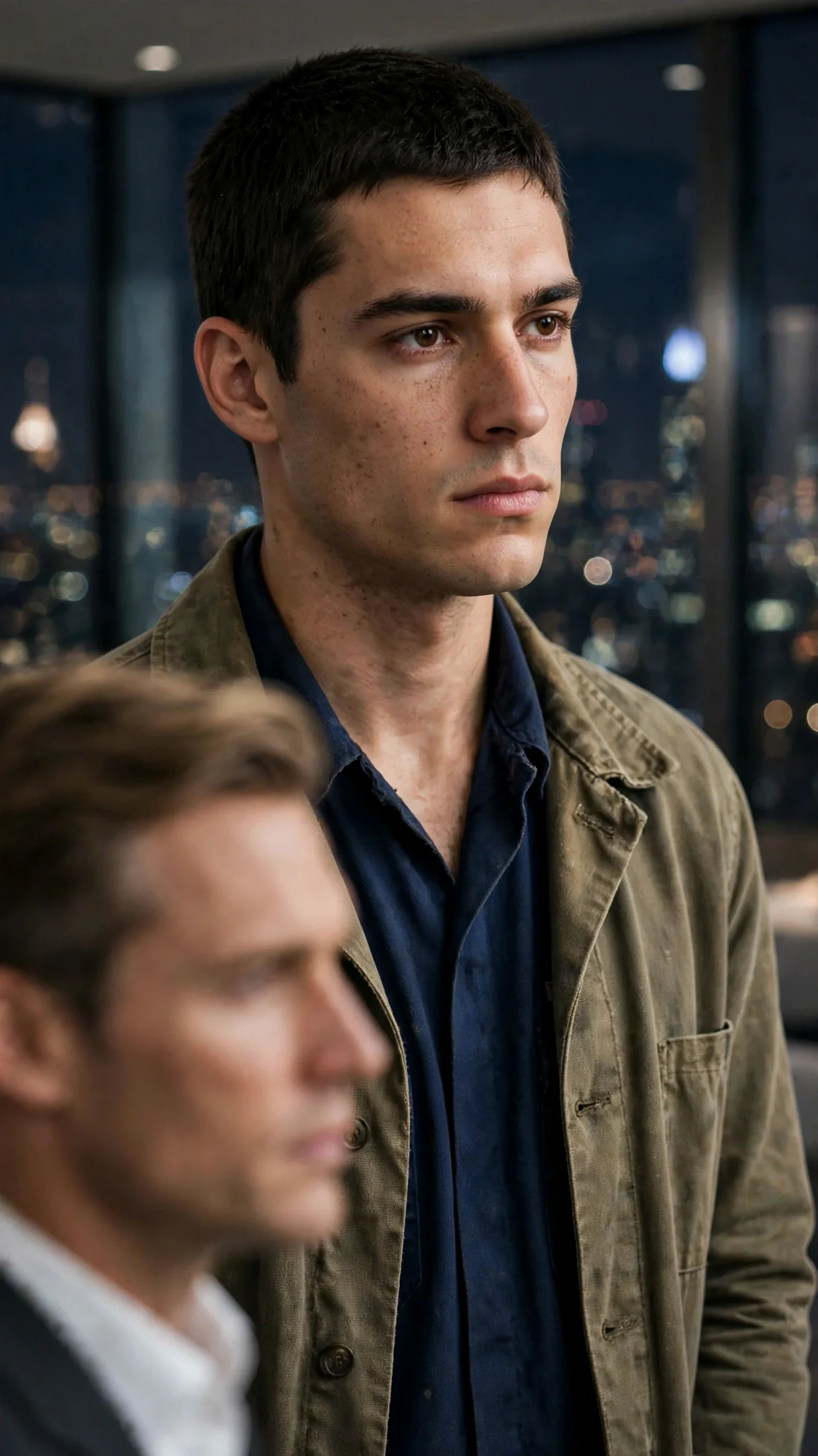 Caleb's jaw tightens as he listens, Lucien's blurred profile in the foreground.