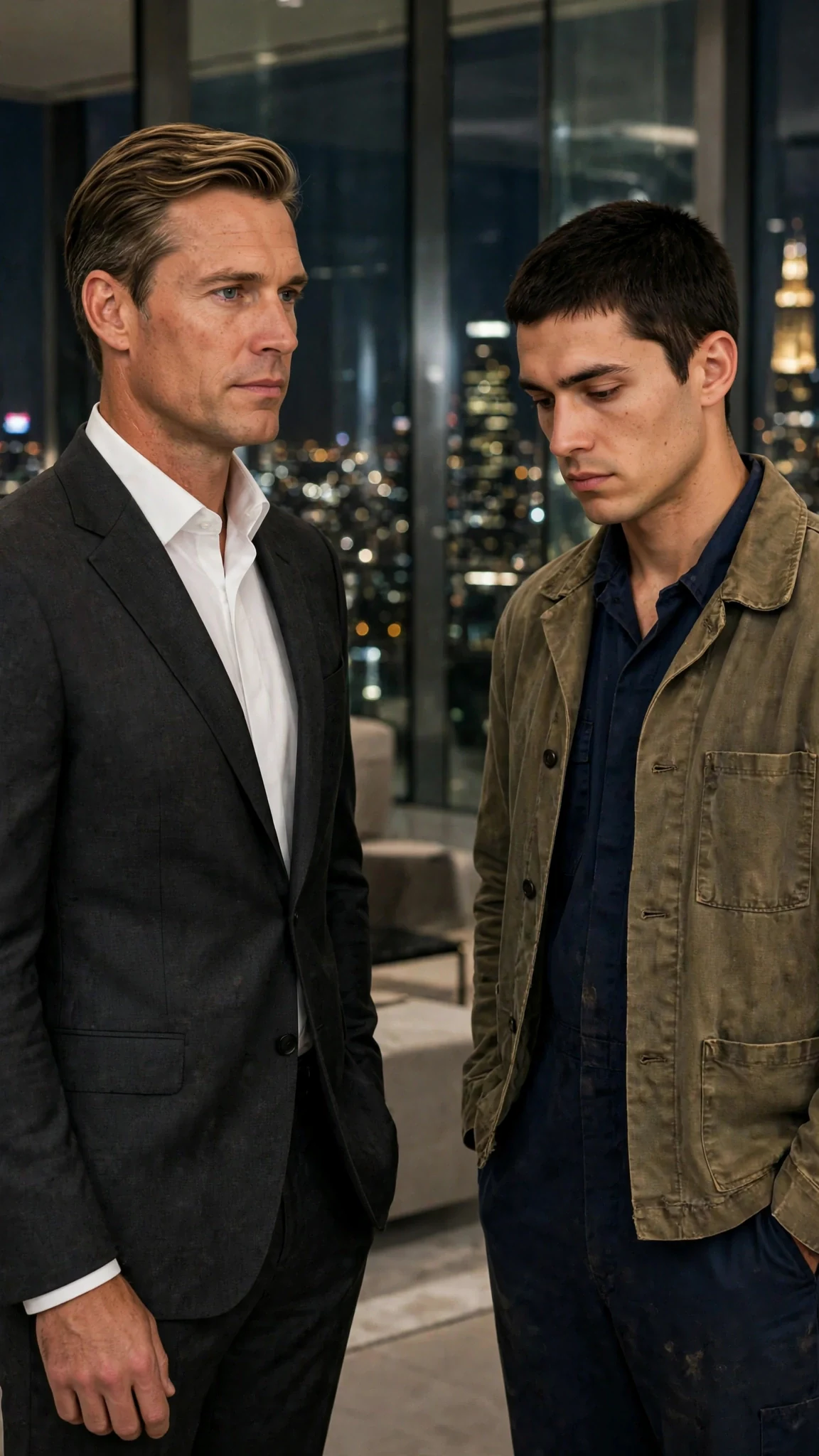 Lucien drops his hand, steps back, gives Caleb space.