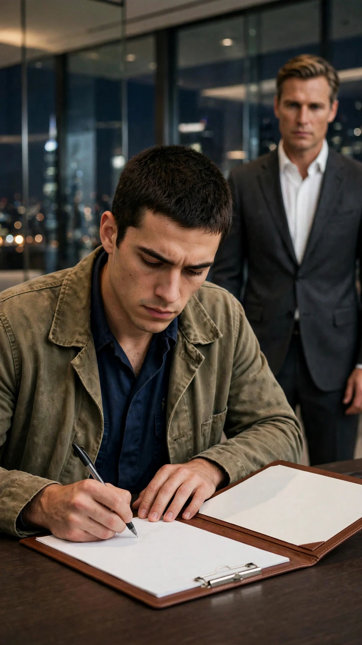 Caleb signs his name, jaw tight, eyes on the paper.