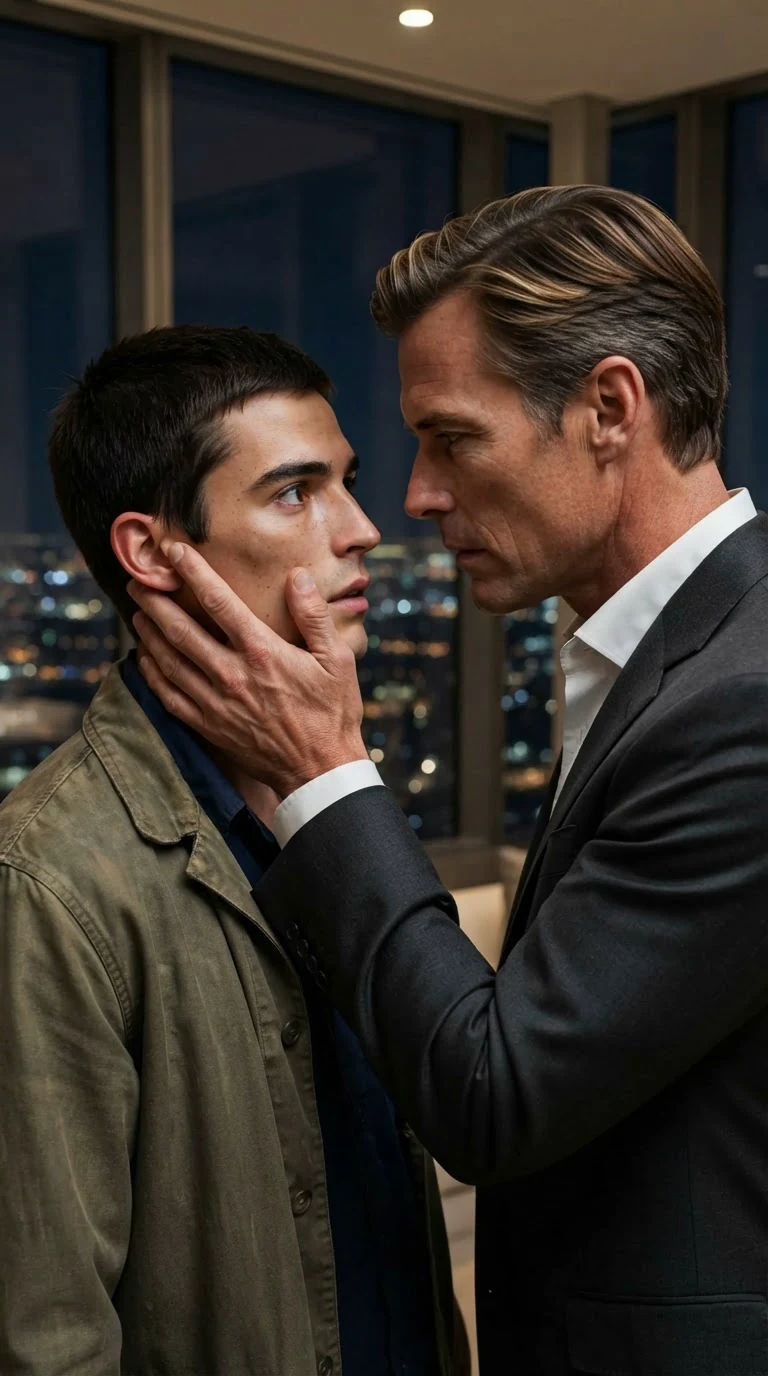 Lucien steps close, hand on Caleb's cheek, leaning in for a kiss.