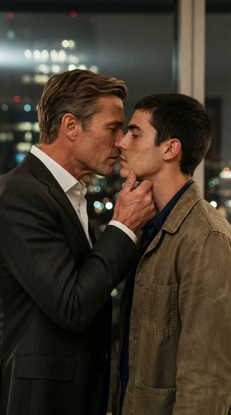 Their mouths meet, brief and charged, Lucien's hand still on Caleb's jaw.