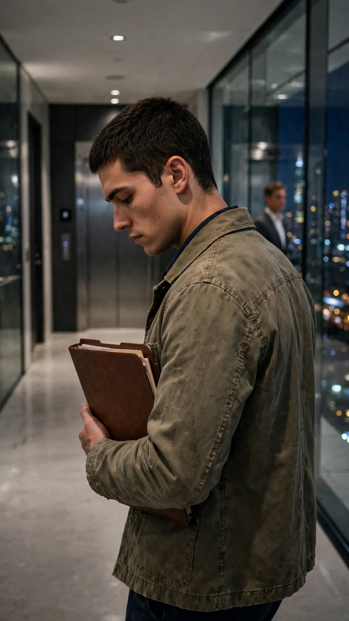 Caleb walks toward the elevator, folder clutched to his chest, not looking back.