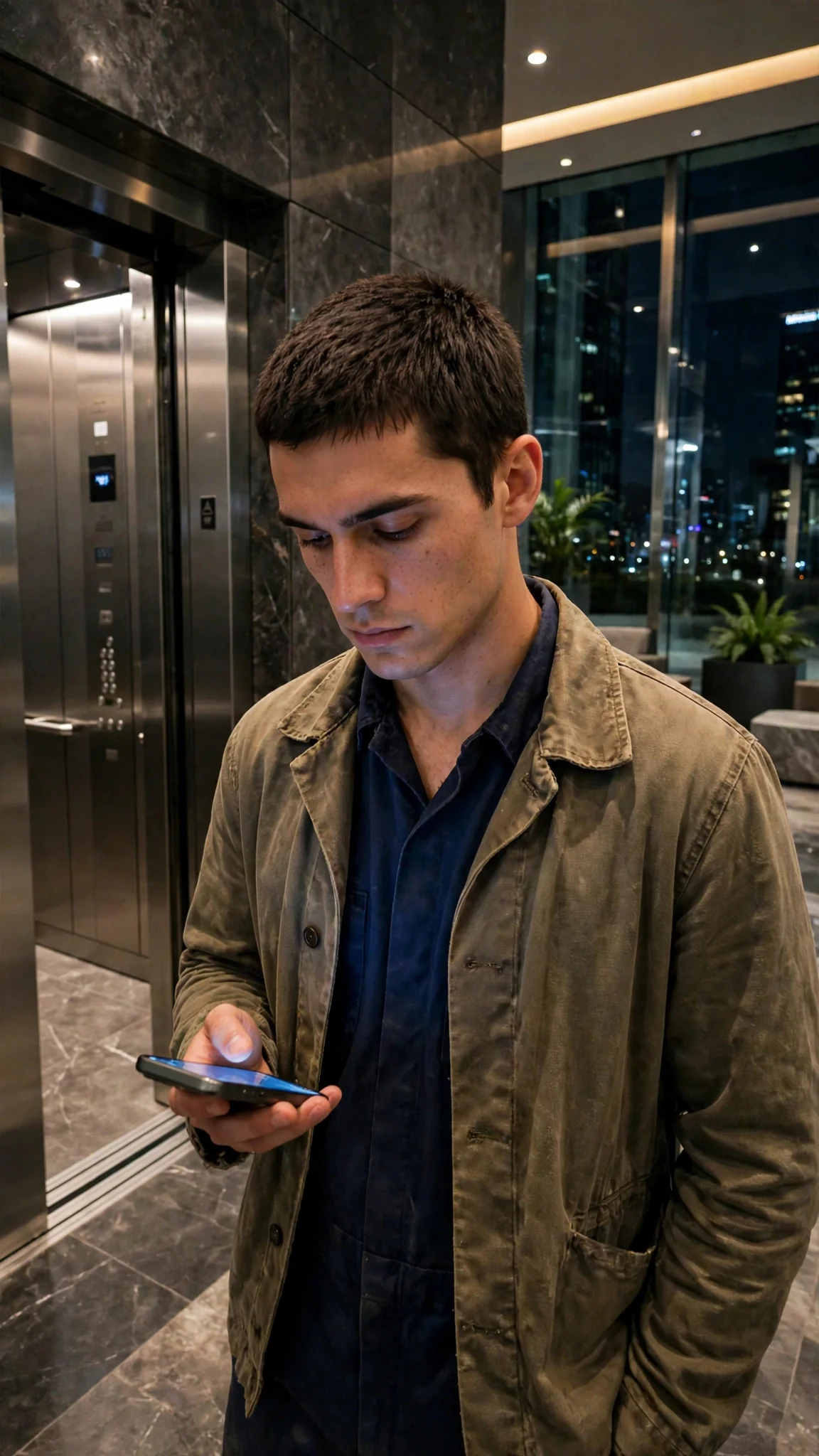 Caleb steps out into the lobby, phone buzzing with a message from Lucien.