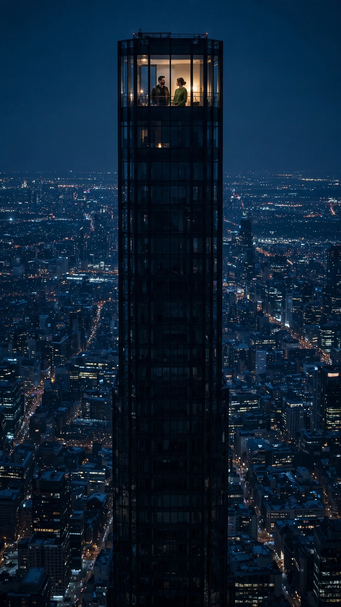 Exterior night view of the glass penthouse, one warm light on, city spread below.