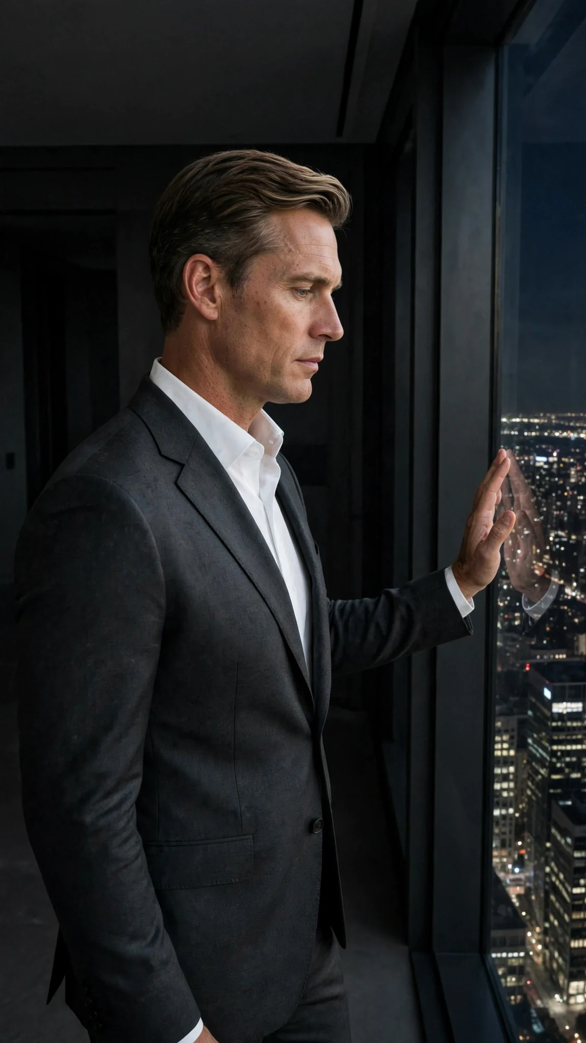 Lucien stands alone at the penthouse window, a silhouette against the city lights.