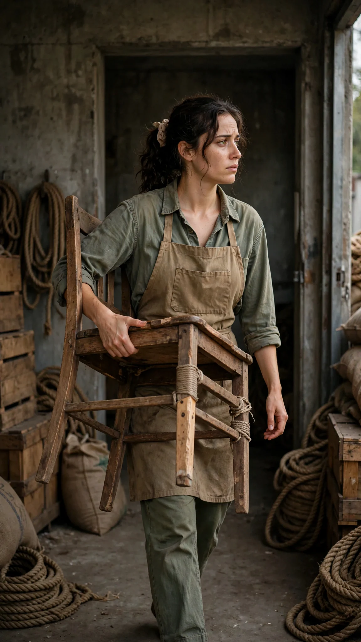 A young woman in a work apron carries a repaired wooden chair through the dim side door of a concrete receiving house.