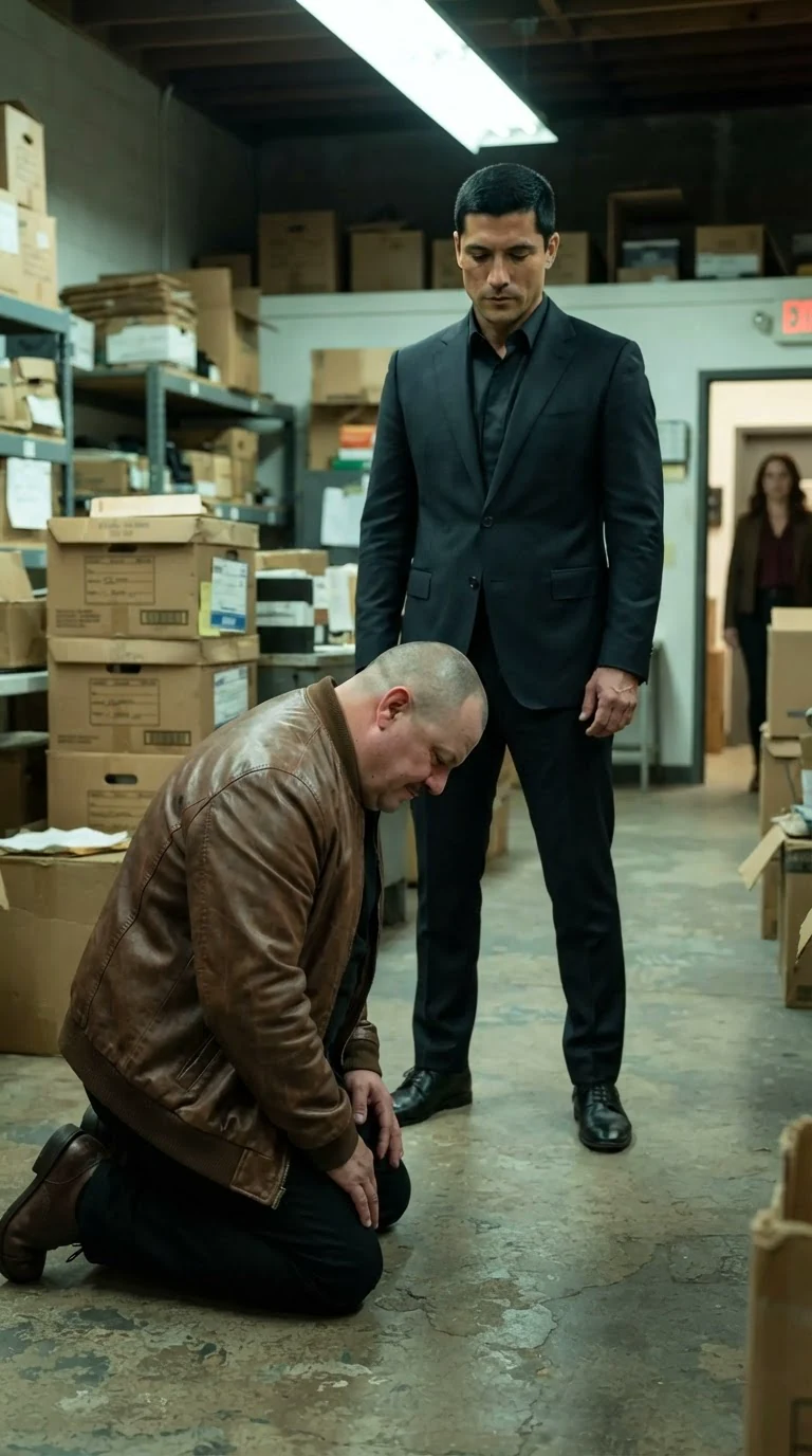 A heavy man kneels on a concrete floor while a tall man in a dark suit stands over him.