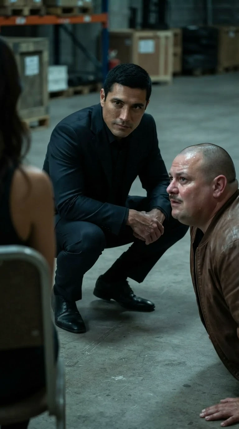 The tall man crouches down to the kneeling man's level and speaks quietly.